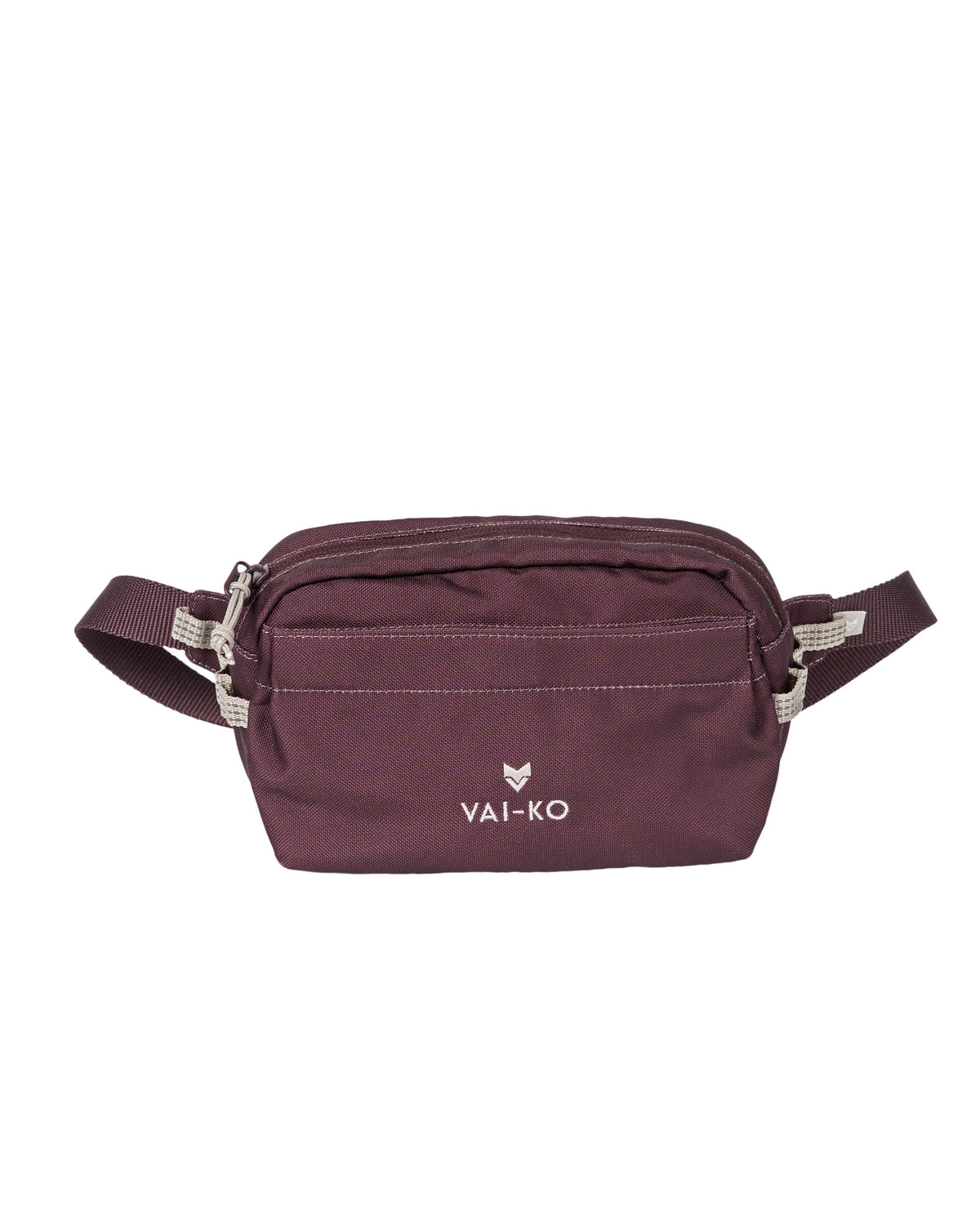 Maroon waist bag with front zipper pocket, VAI-KO logo, and adjustable strap, isolated on white background.