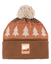 Brown knit beanie with a pom-pom, tree pattern, and a VAI-KO logo patch on the cuff.