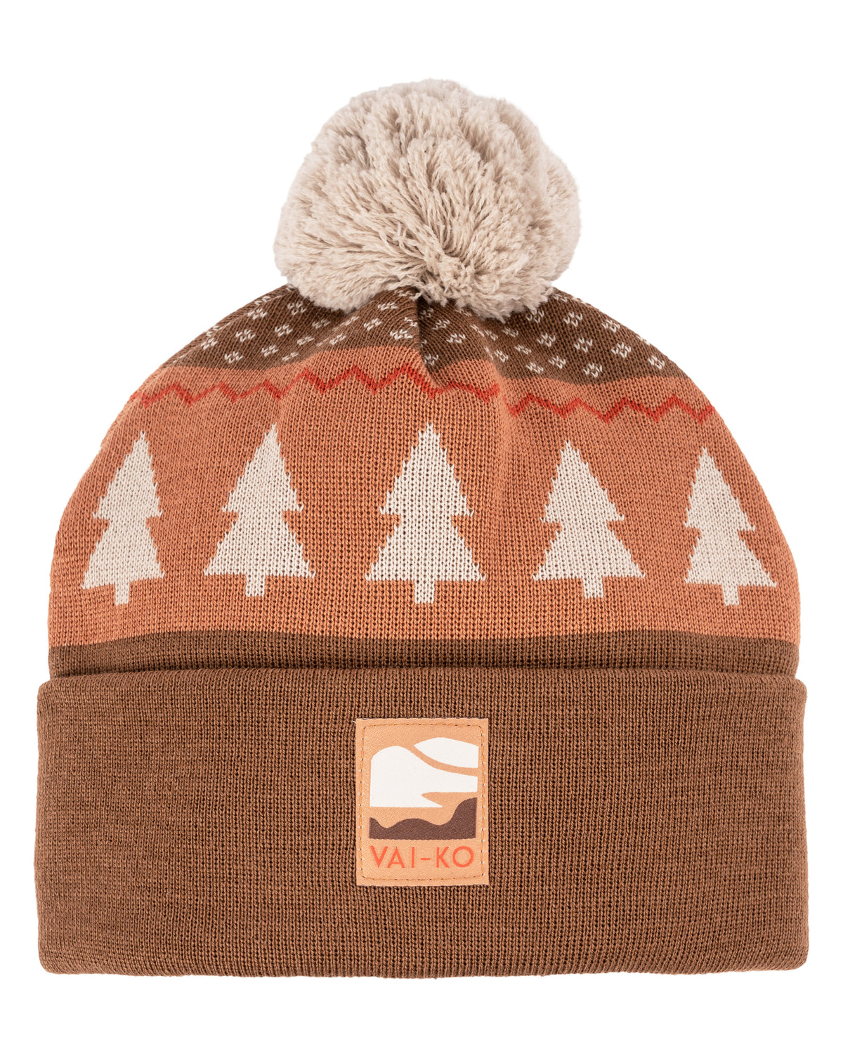 Brown knit beanie with a pom-pom, tree pattern, and a VAI-KO logo patch on the cuff.