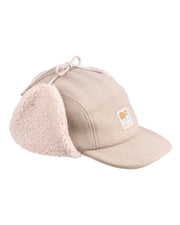 Beige winter cap with ear flaps, drawstring on top, and a small logo patch on the front.