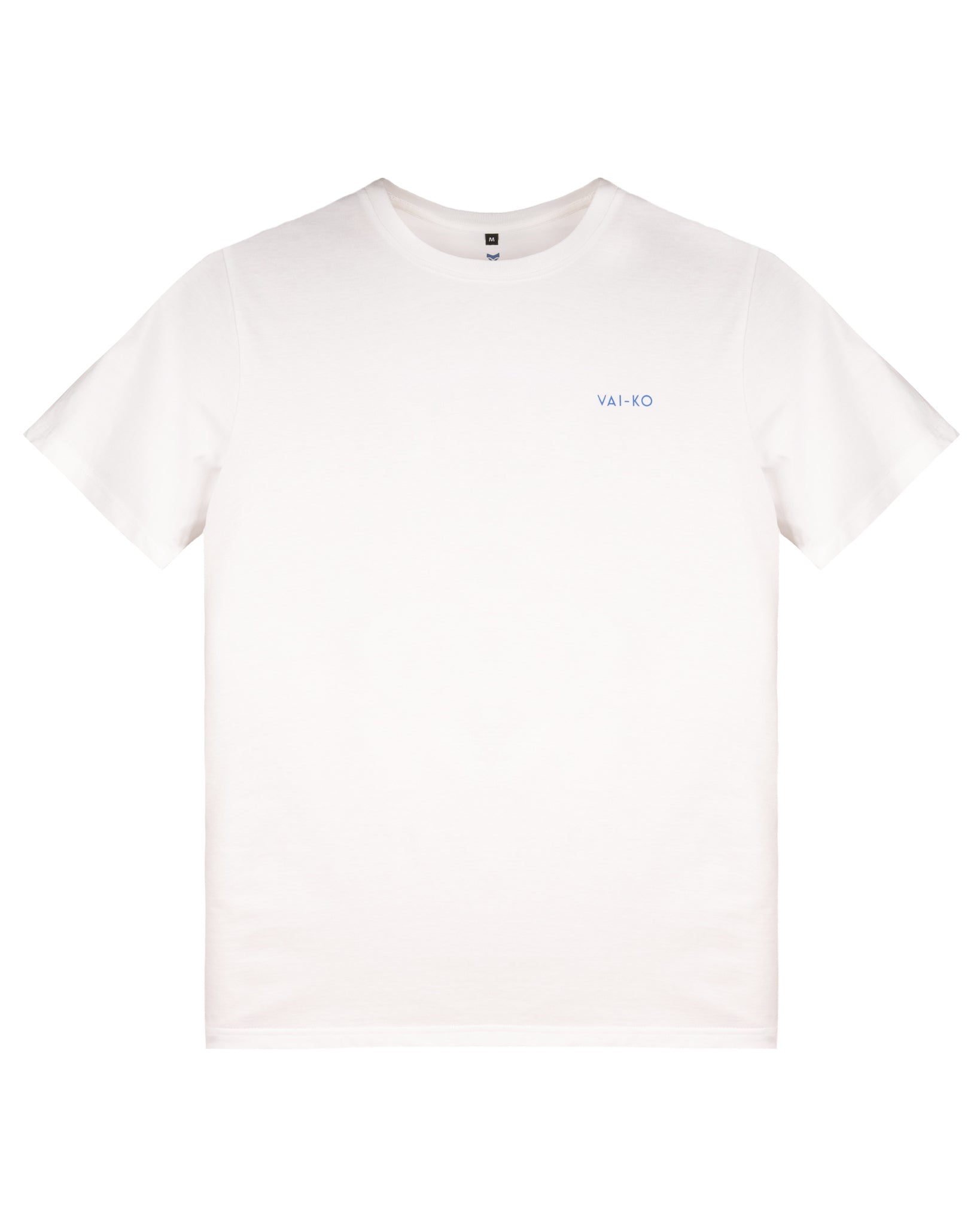 Plain white T-shirt with short sleeves and a small blue VAI-KO logo on the left chest.