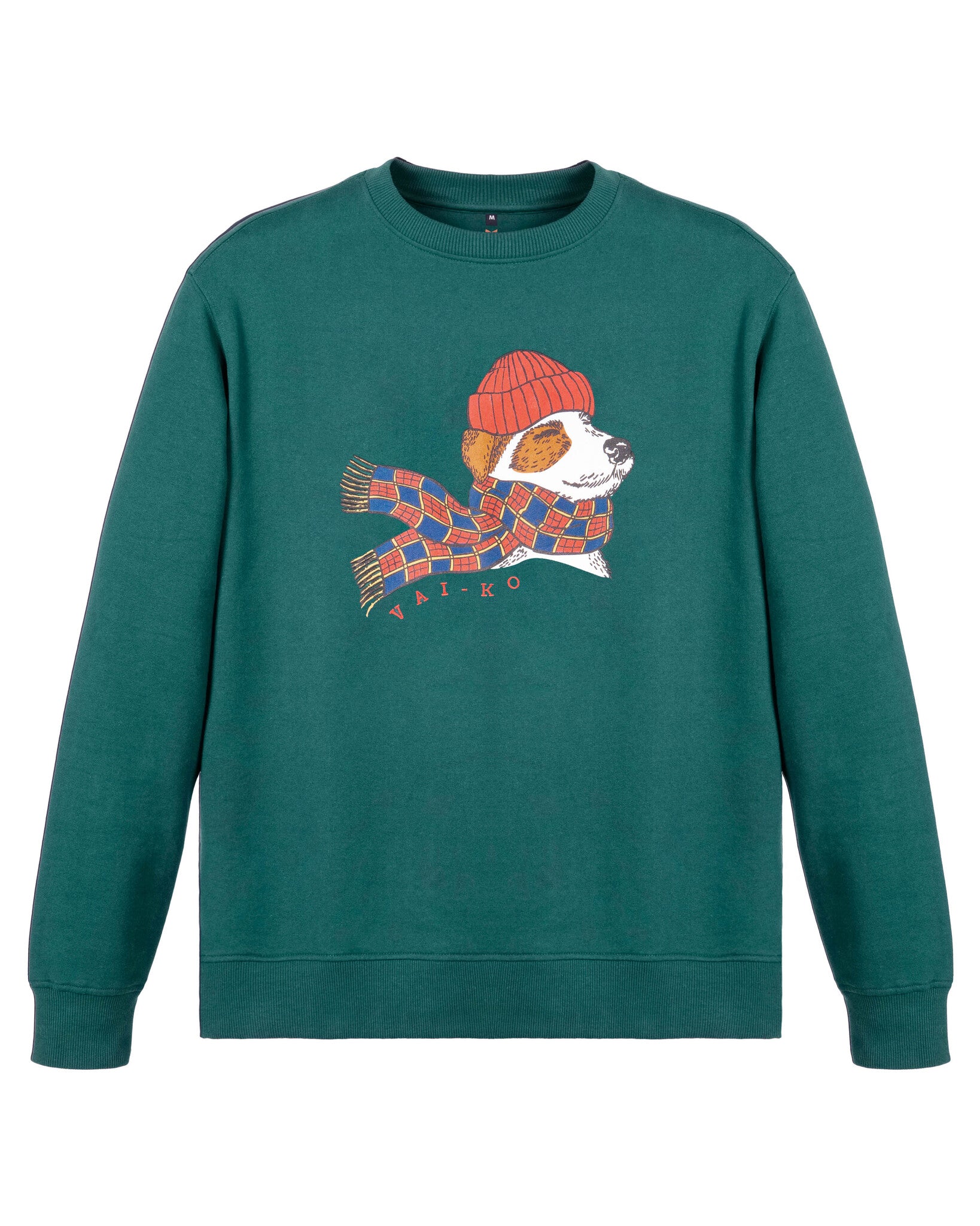 Green sweatshirt with a drawing of a dog wearing a red hat and colorful scarf on the front.