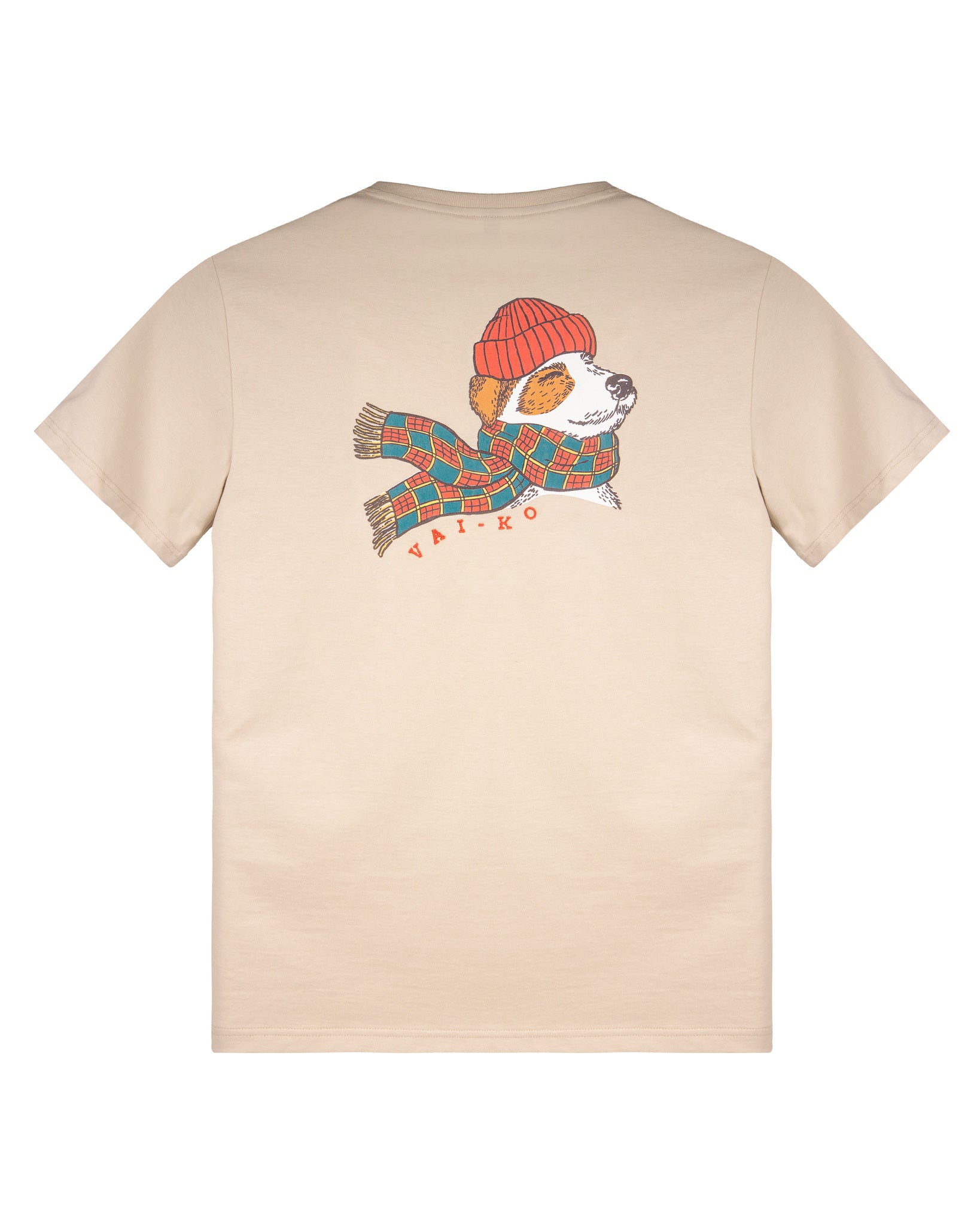 Beige t-shirt with an illustration of a dog wearing a red hat and scarf, with VAI-KO text below.