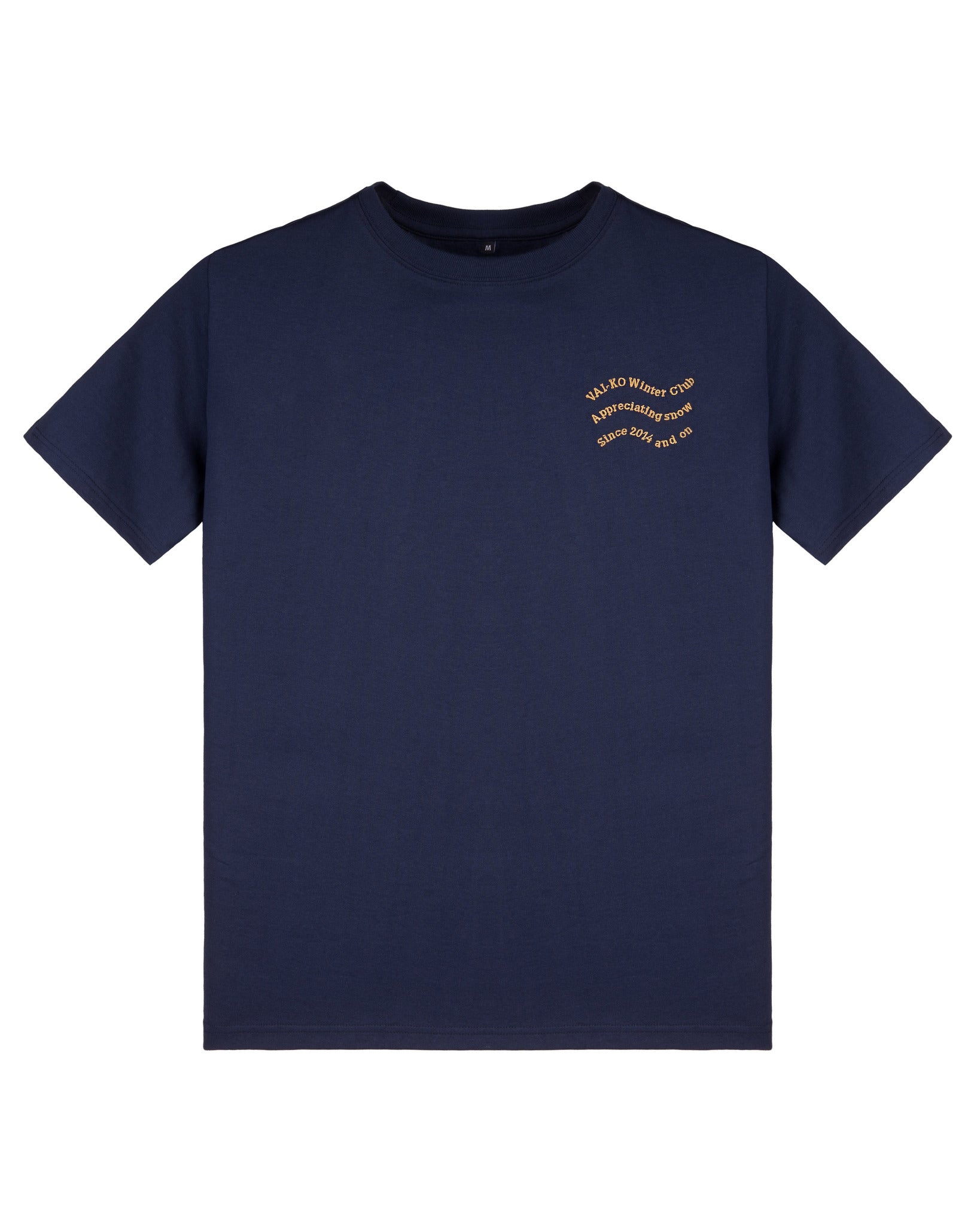 Navy blue t-shirt with small yellow text on the left chest area.