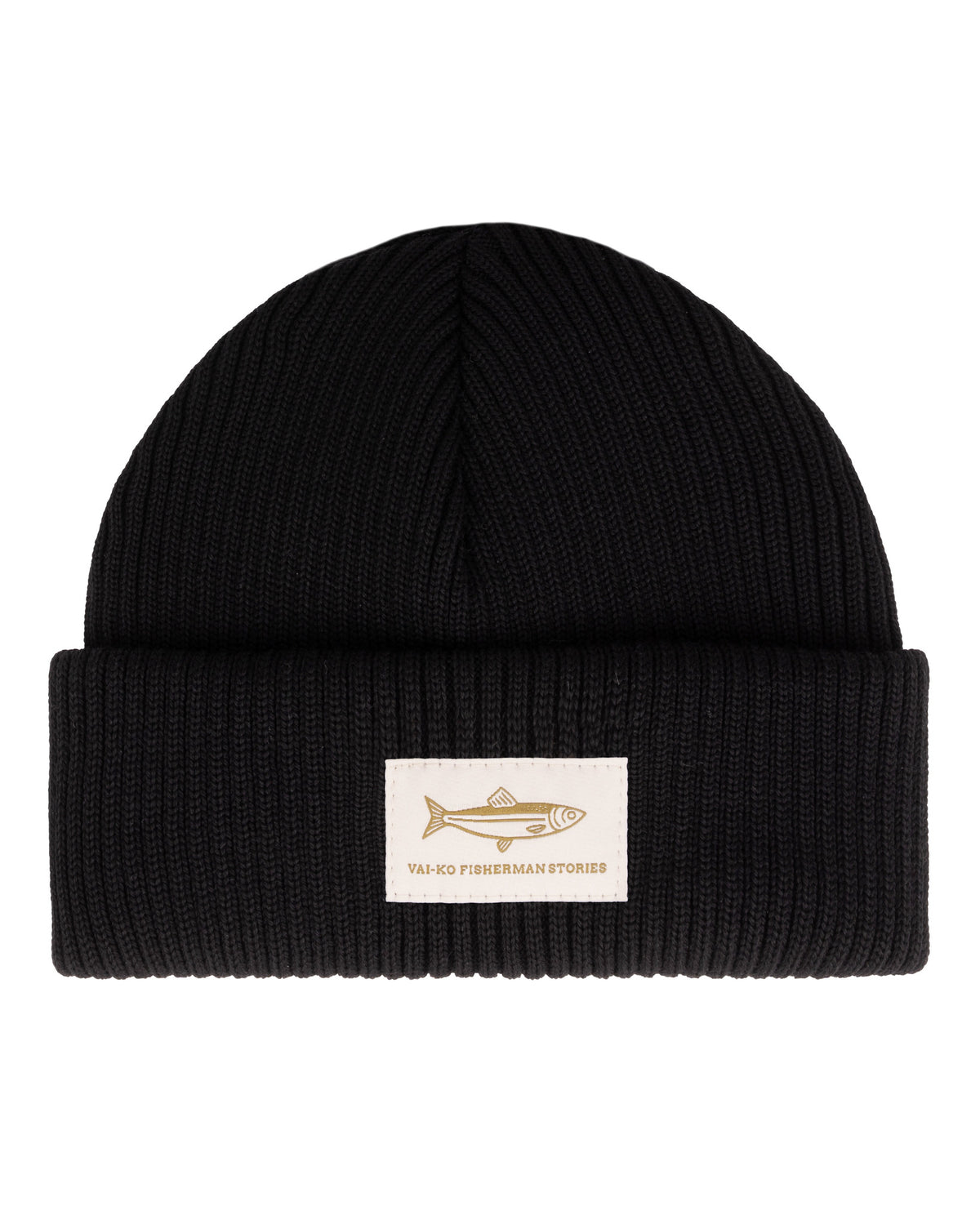 A black ribbed knit beanie with a fish patch and VAI-KO FISHERMAN STORIES text on the front fold.