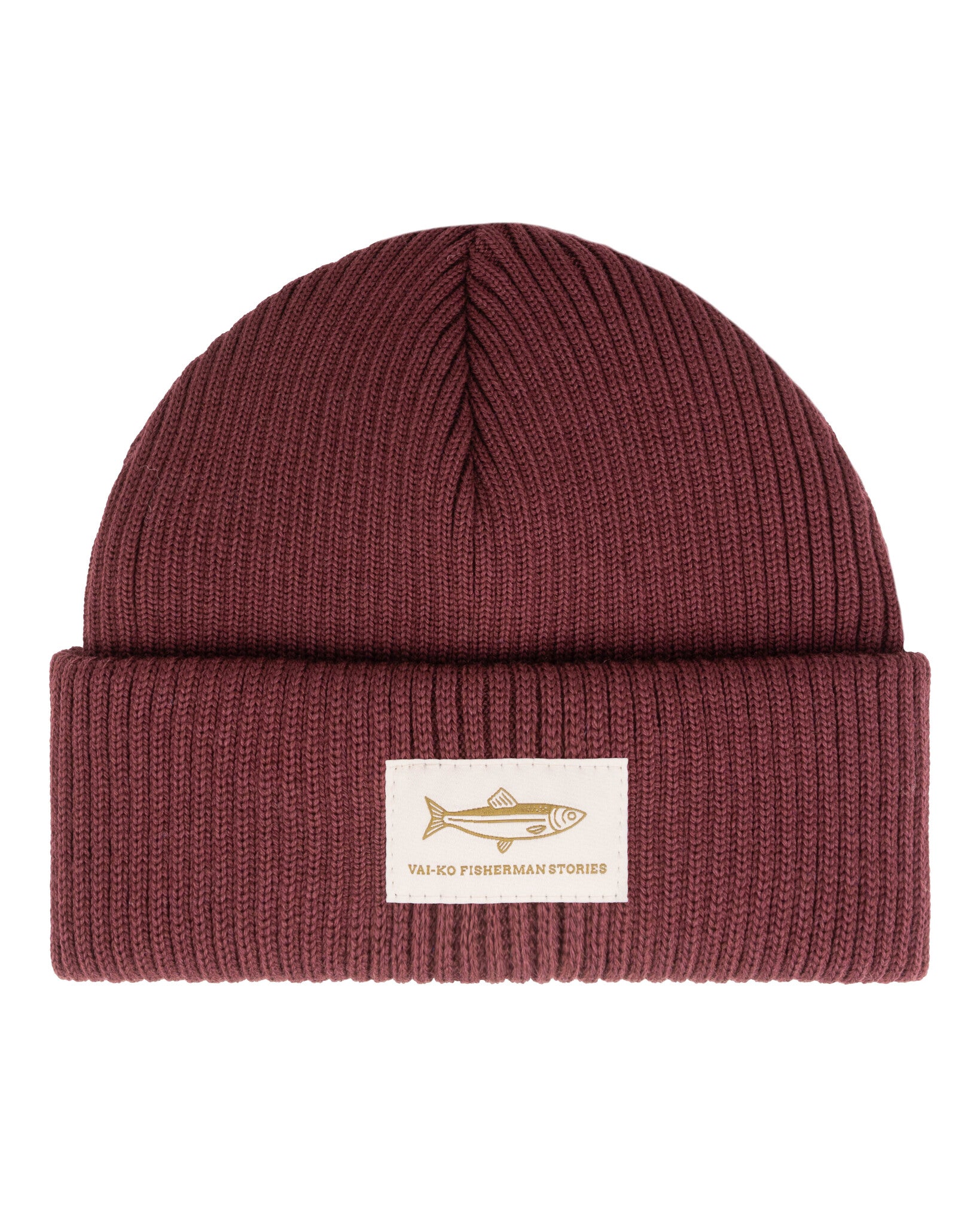 A ribbed maroon beanie with a fish patch and text reading VAI-KO FISHERMAN STORIES..