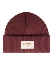 A ribbed maroon beanie with a fish patch and text reading VAI-KO FISHERMAN STORIES..