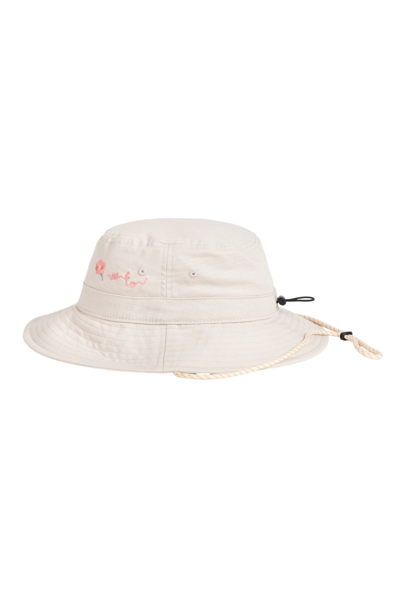 Beige bucket hat with a chin strap and small pink embroidered flowers on the front.