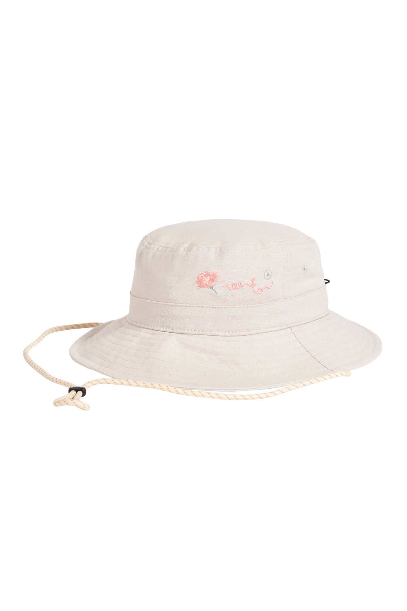 Beige bucket hat with a chin strap and a small pink flower embroidered on the front.