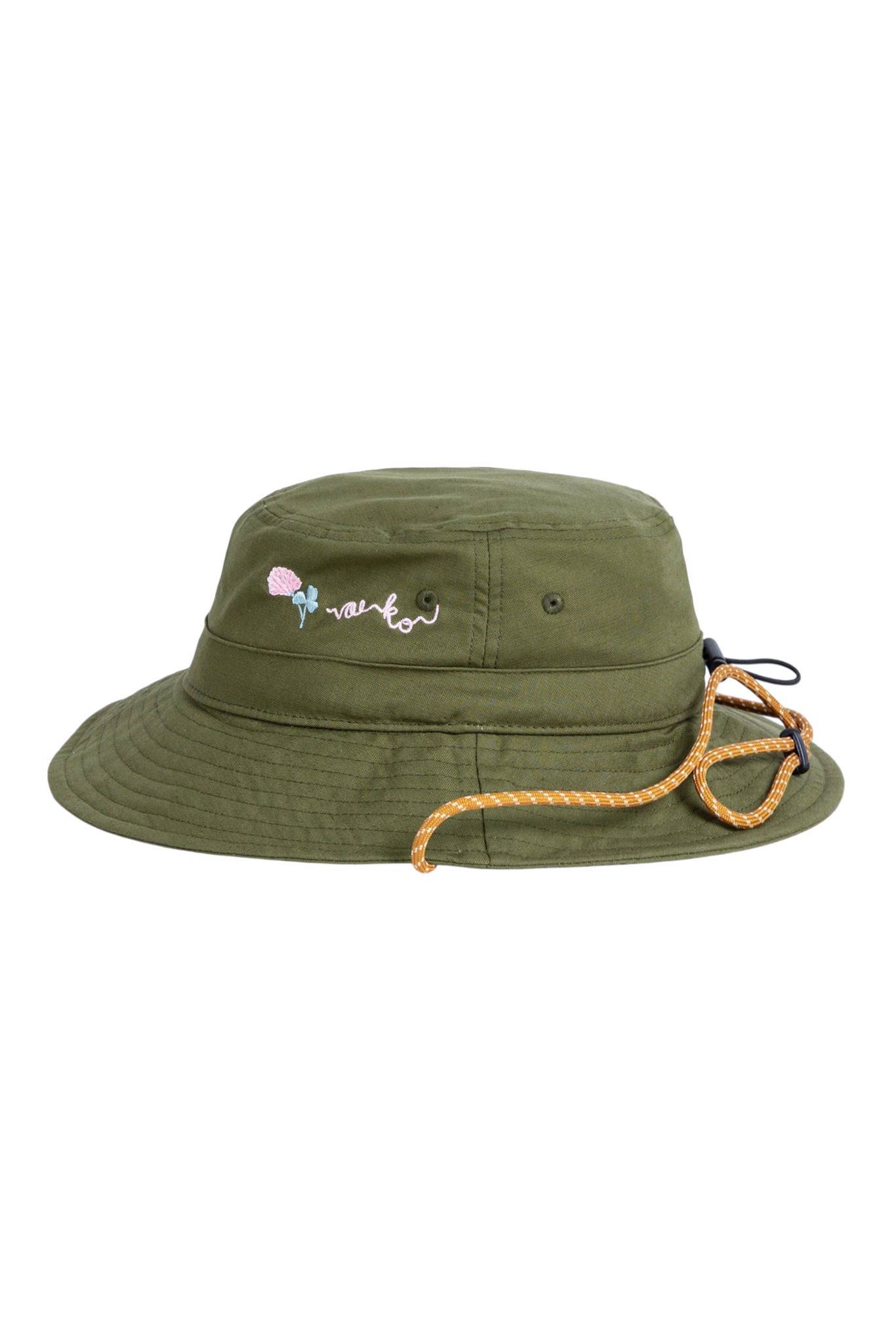 Green bucket hat with a small embroidered flower, cursive text, and an orange adjustable chin strap.
