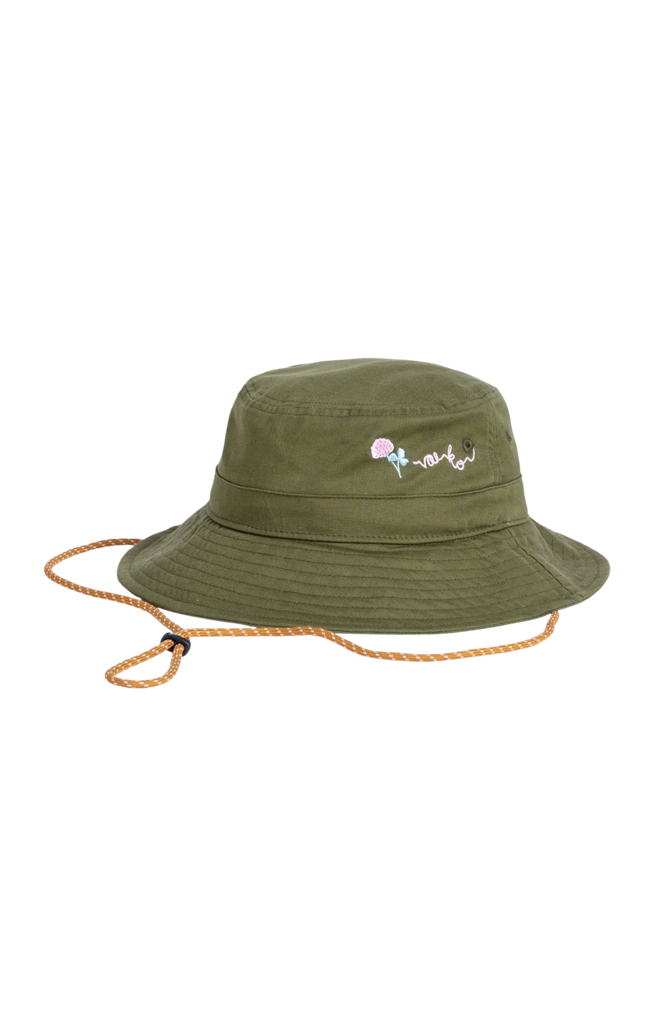 Olive green bucket hat with a chin strap and small embroidered design on the front.