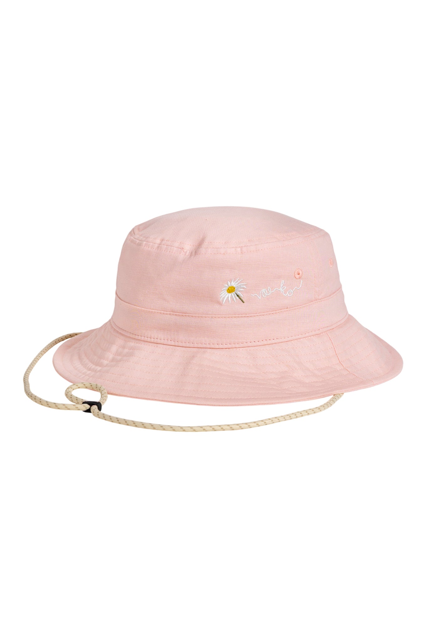 Light pink bucket hat with a chin strap, embroidered daisy, and the word smile on the front.