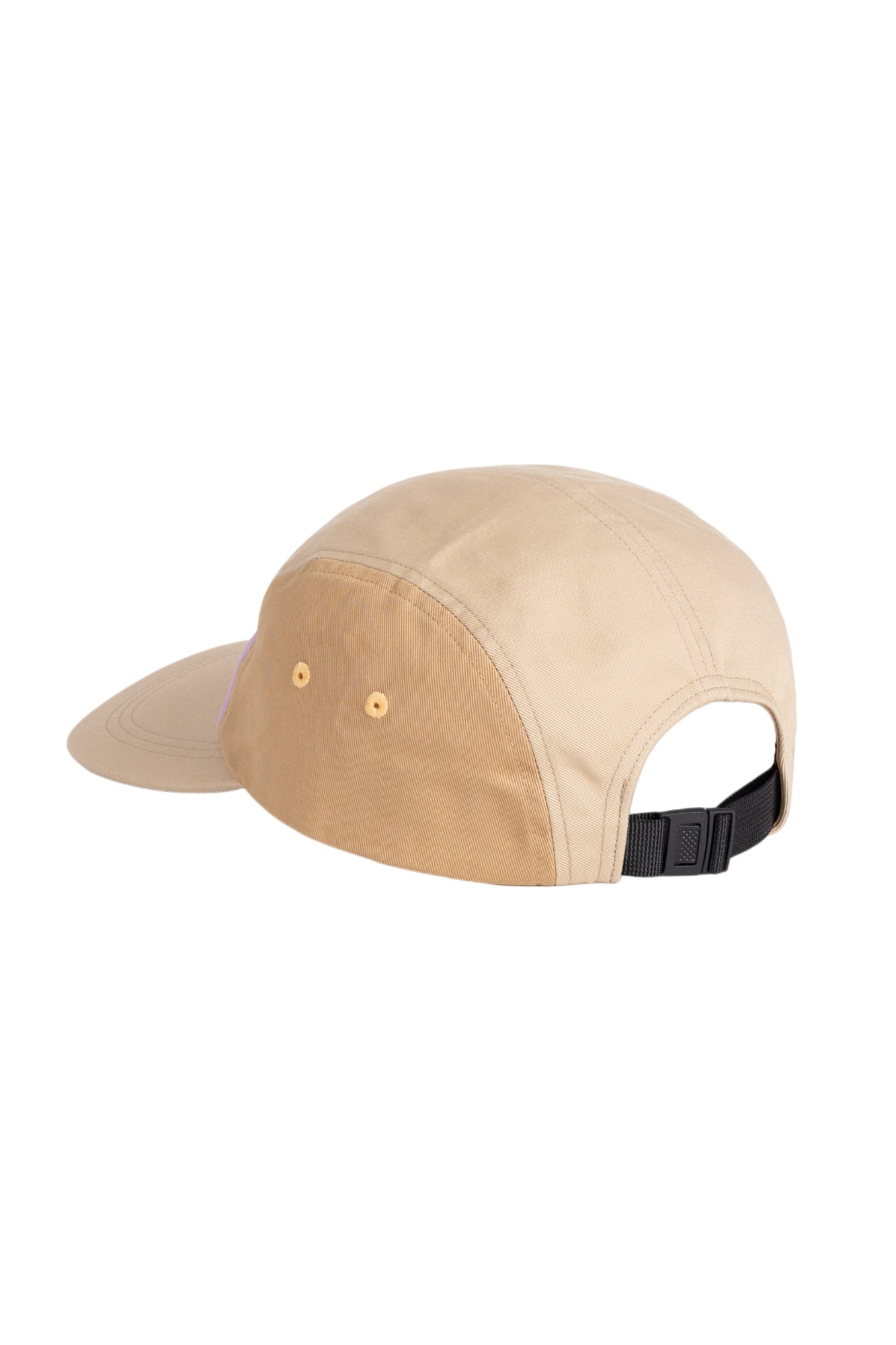 A beige five-panel cap with a black adjustable strap at the back, shown from a rear side angle.
