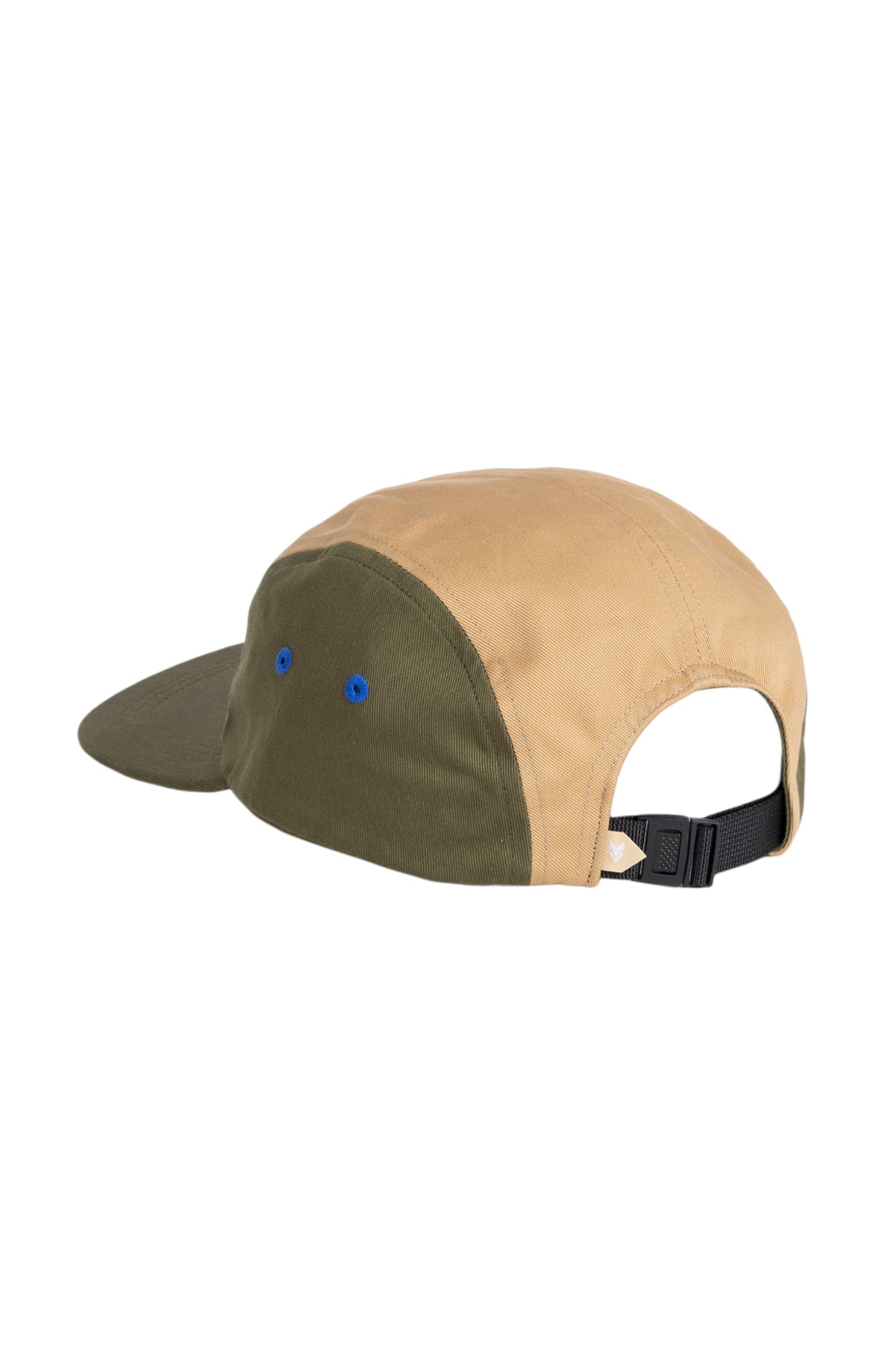 A two-tone khaki and olive green cap with blue eyelets and a black adjustable strap at the back.