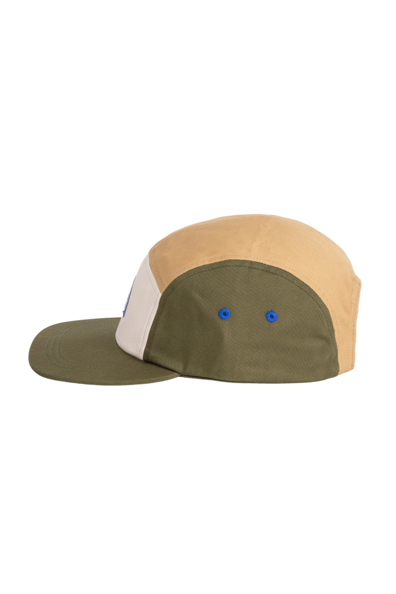 A color-blocked cap with tan, olive green, and cream panels, shown from the side on a white background.