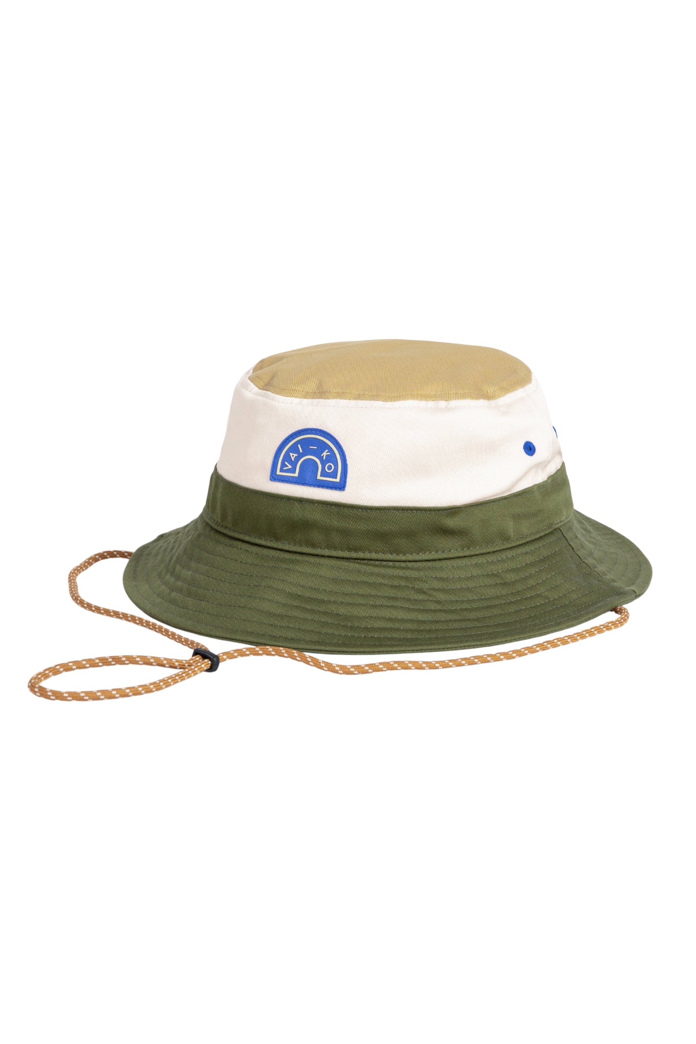 Green and beige bucket hat with a chin strap and a blue patch on the white band.