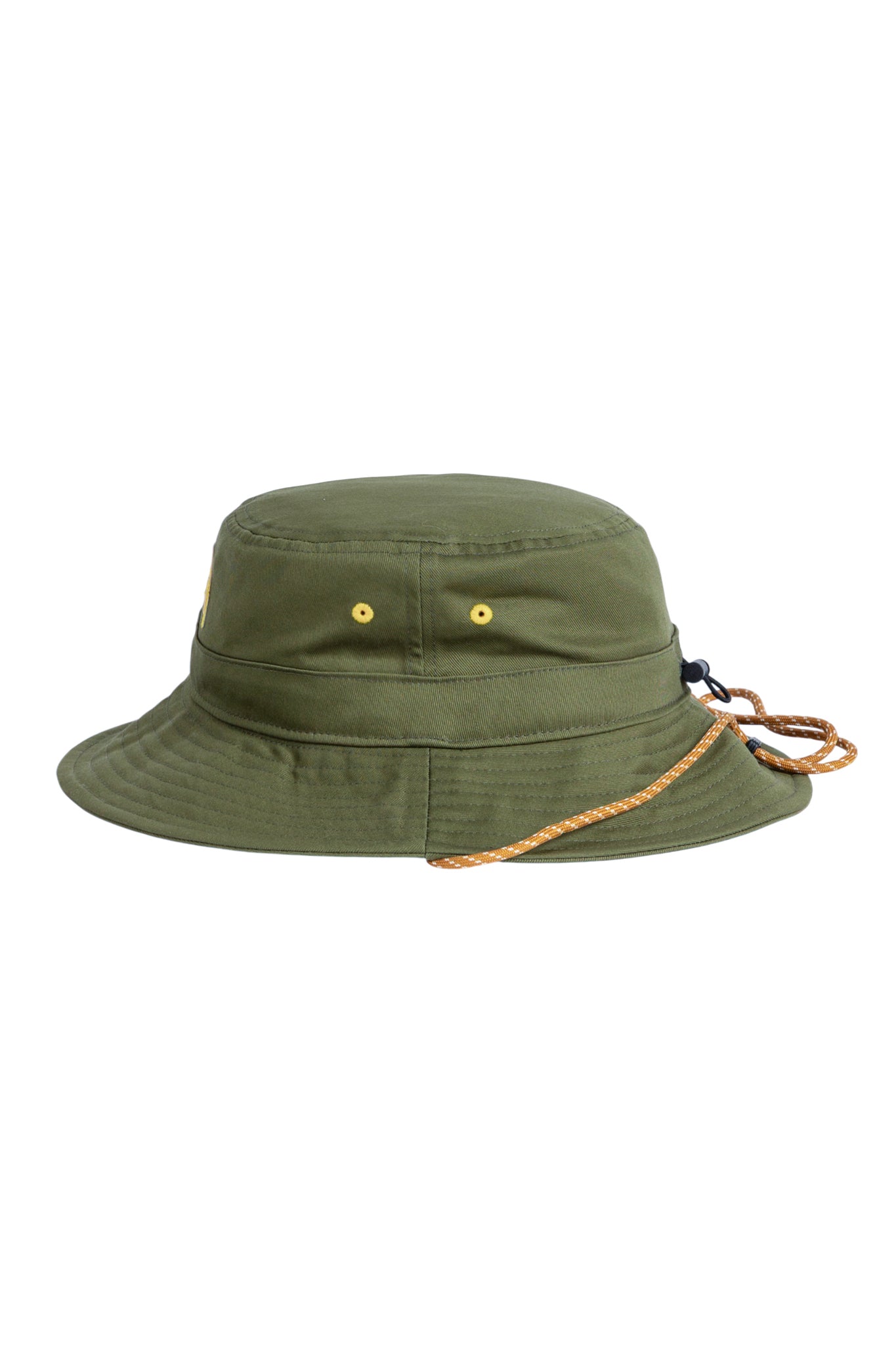 Olive green bucket hat with yellow eyelets and an adjustable chin strap, shown on a white background.