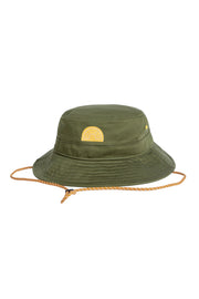 Olive green bucket hat with a yellow emblem and adjustable yellow chin strap, on a white background.