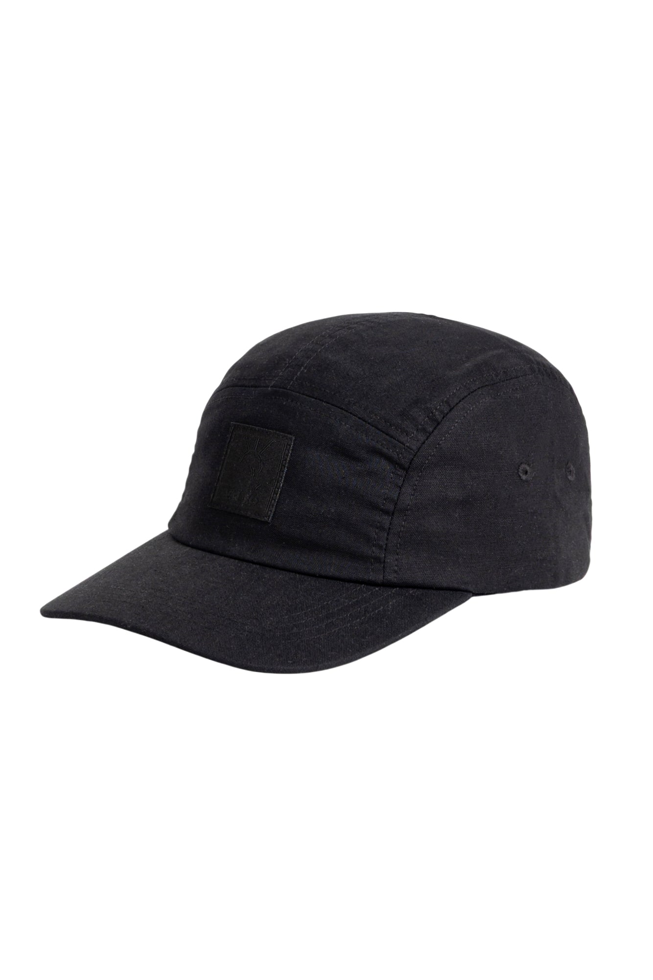 A plain black five-panel cap with a curved brim and a small rectangular patch on the front.