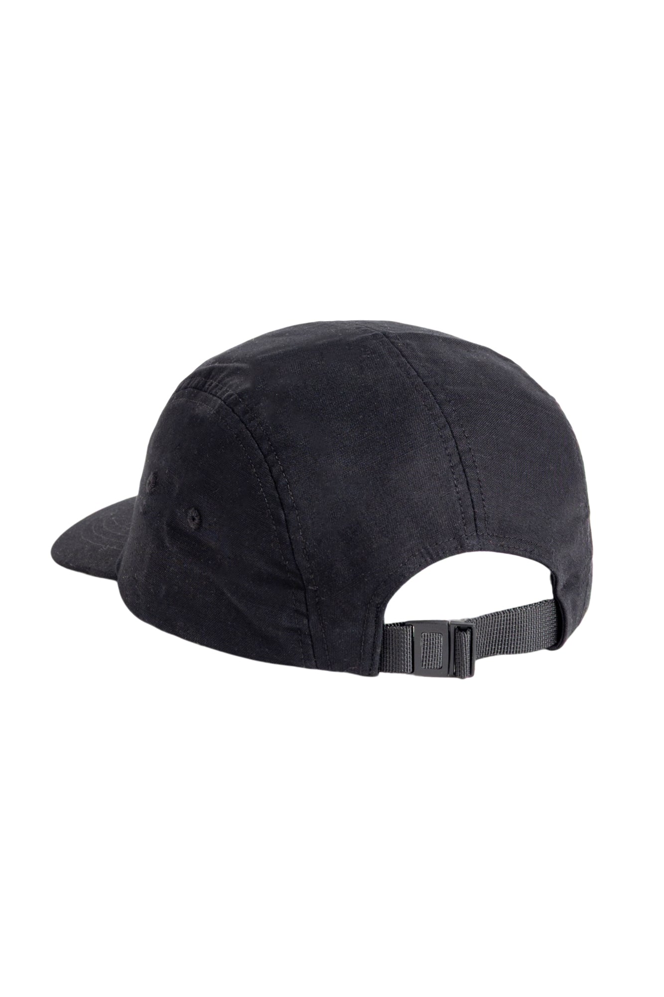 A black baseball cap seen from the back, featuring an adjustable strap and buckle.