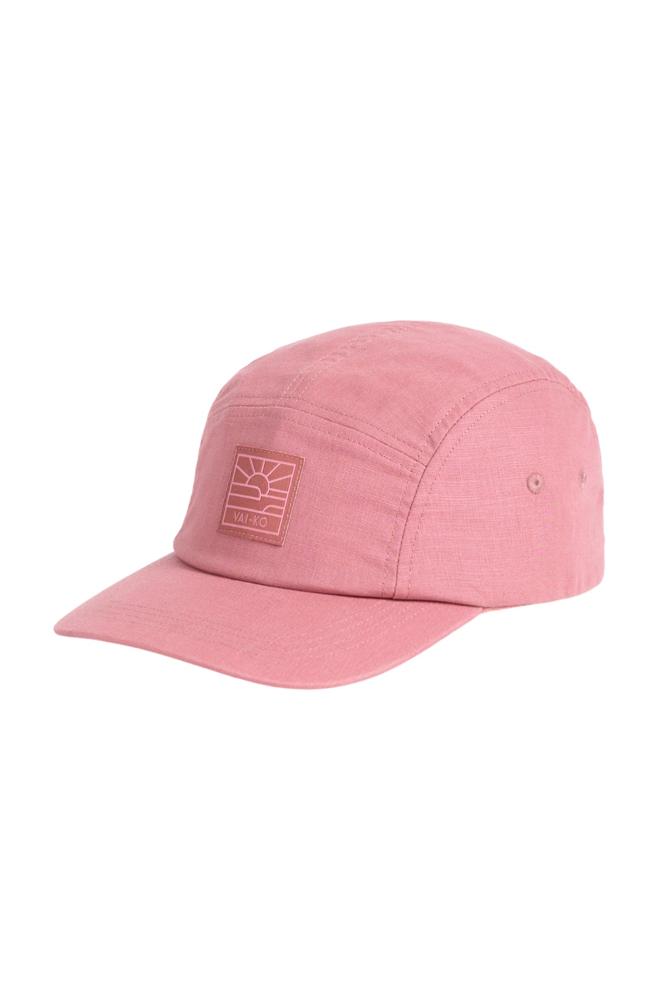 A pink five-panel cap with a flat brim and a stitched square logo patch on the front.