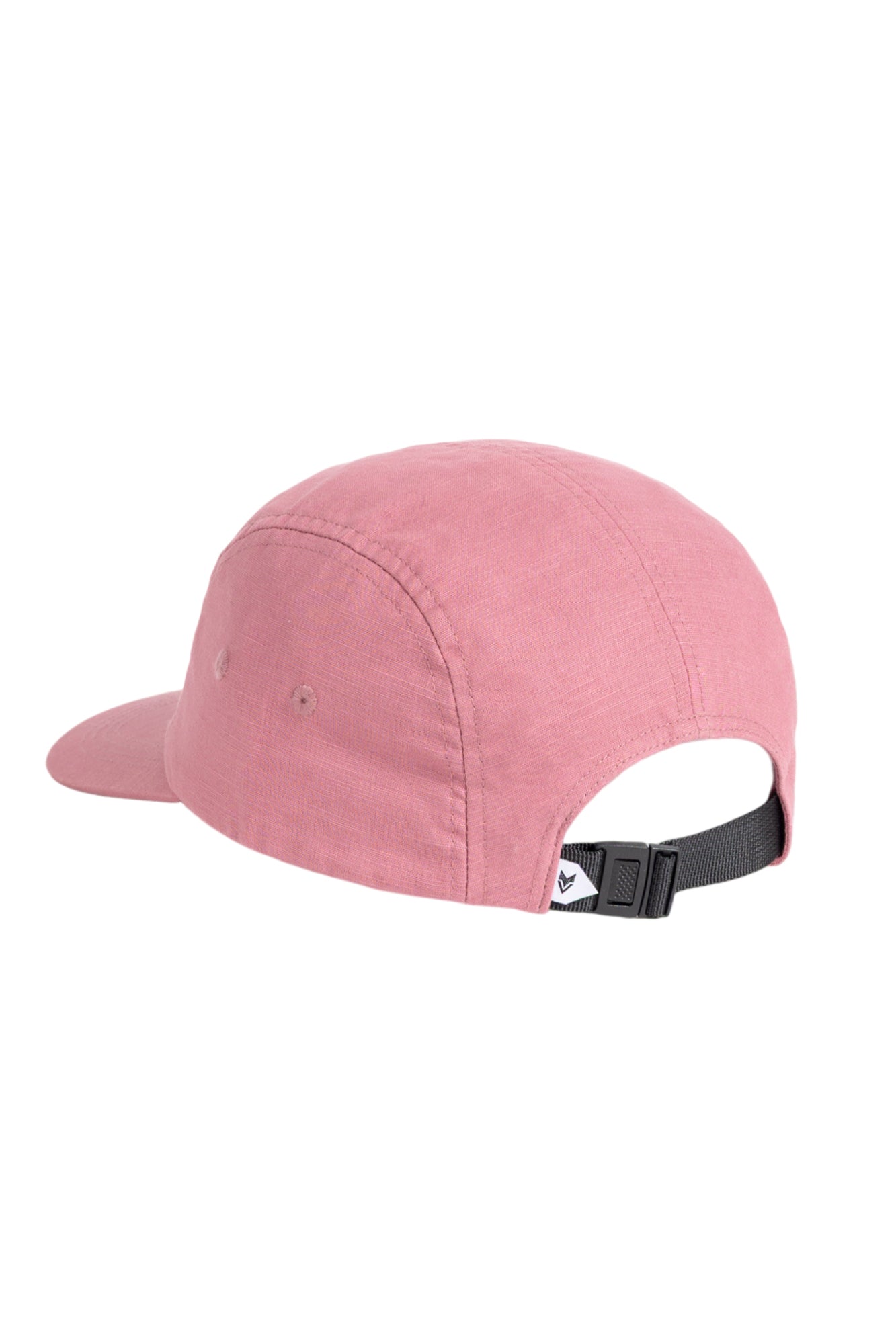 A pink baseball cap viewed from the back, featuring an adjustable black strap and a small white tag.