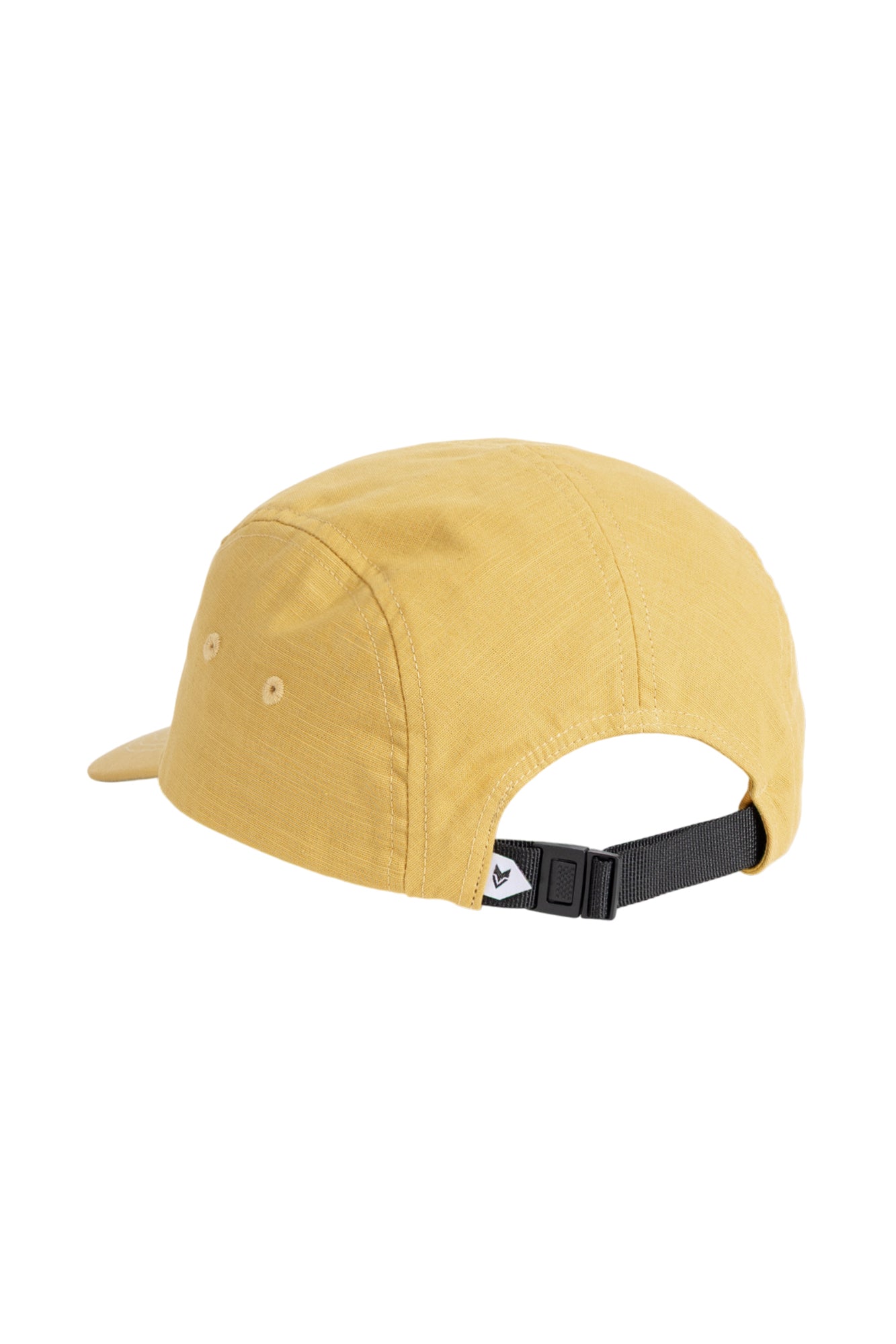A yellow five-panel cap with a black adjustable strap at the back, viewed from the rear.