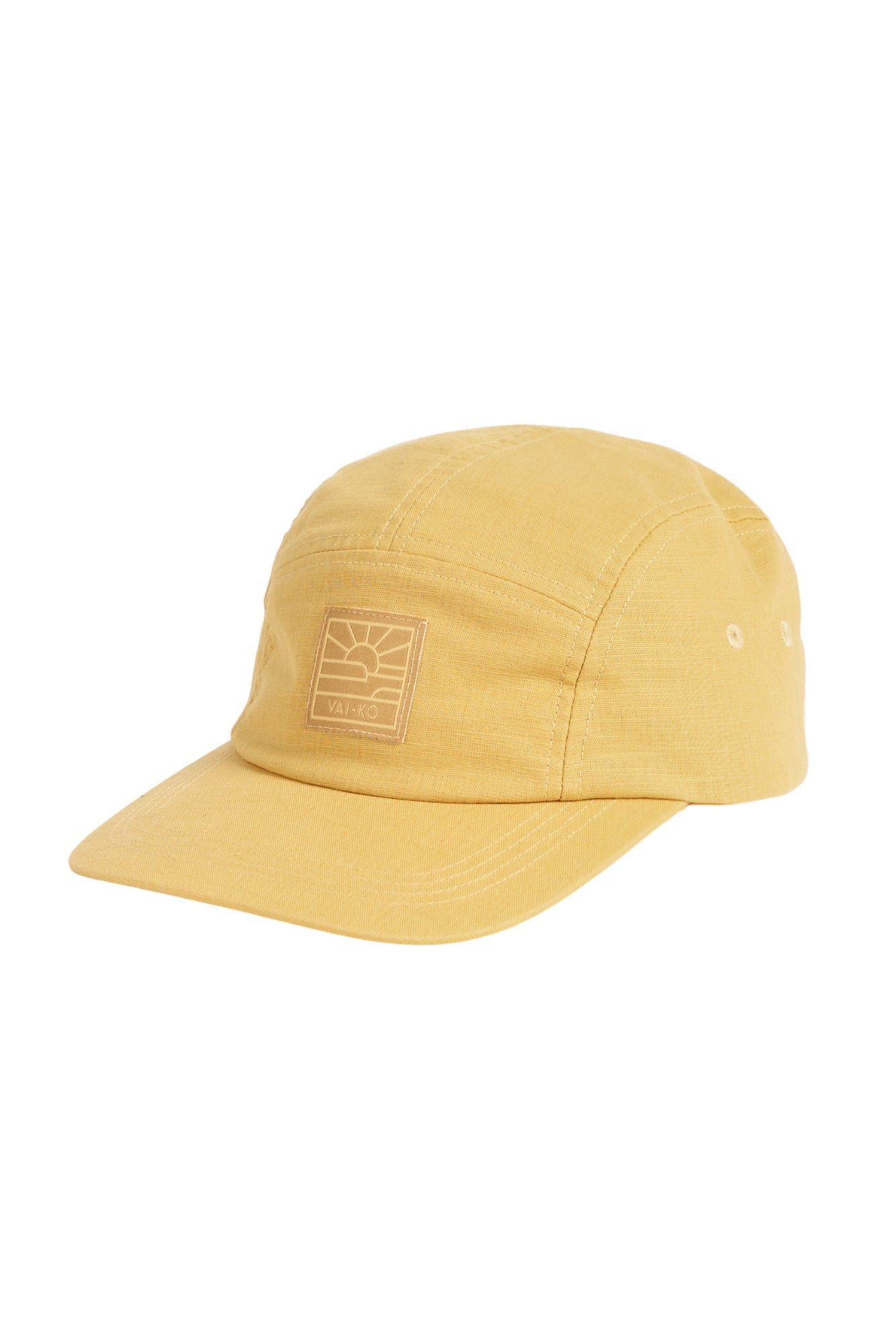 A yellow baseball cap with a square patch logo on the front.