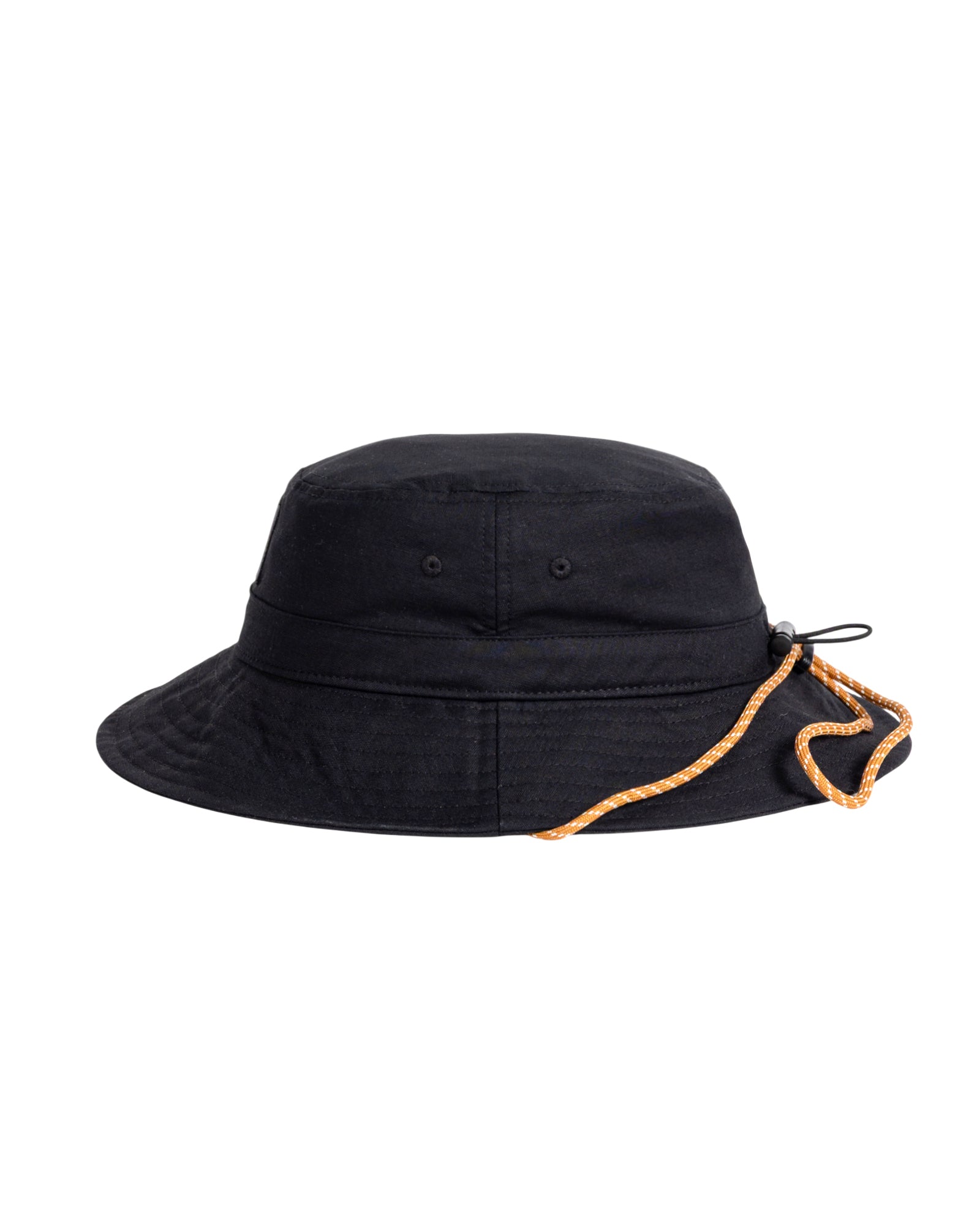 Black bucket hat with an orange adjustable chin cord, shown against a white background.