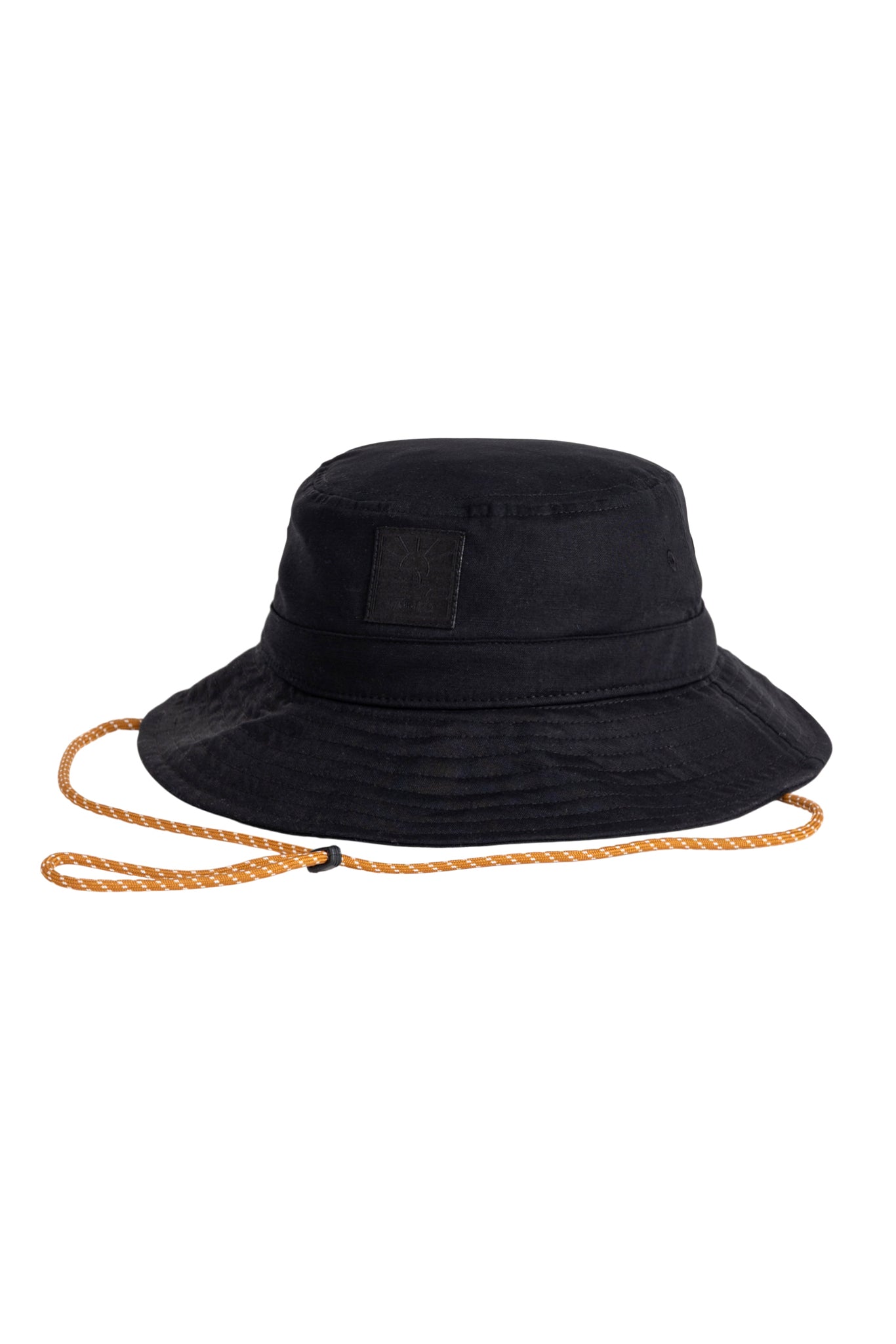 Black bucket hat with a wide brim and an orange adjustable chin cord, shown on a white background.