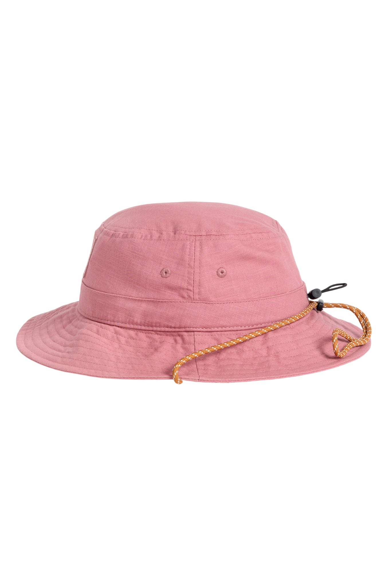Pink bucket hat with a wide brim and an adjustable yellow cord on the side, shown against a white background.