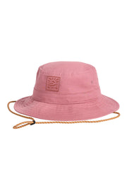 Pink bucket hat with a chin strap and a rectangular logo patch on the front.