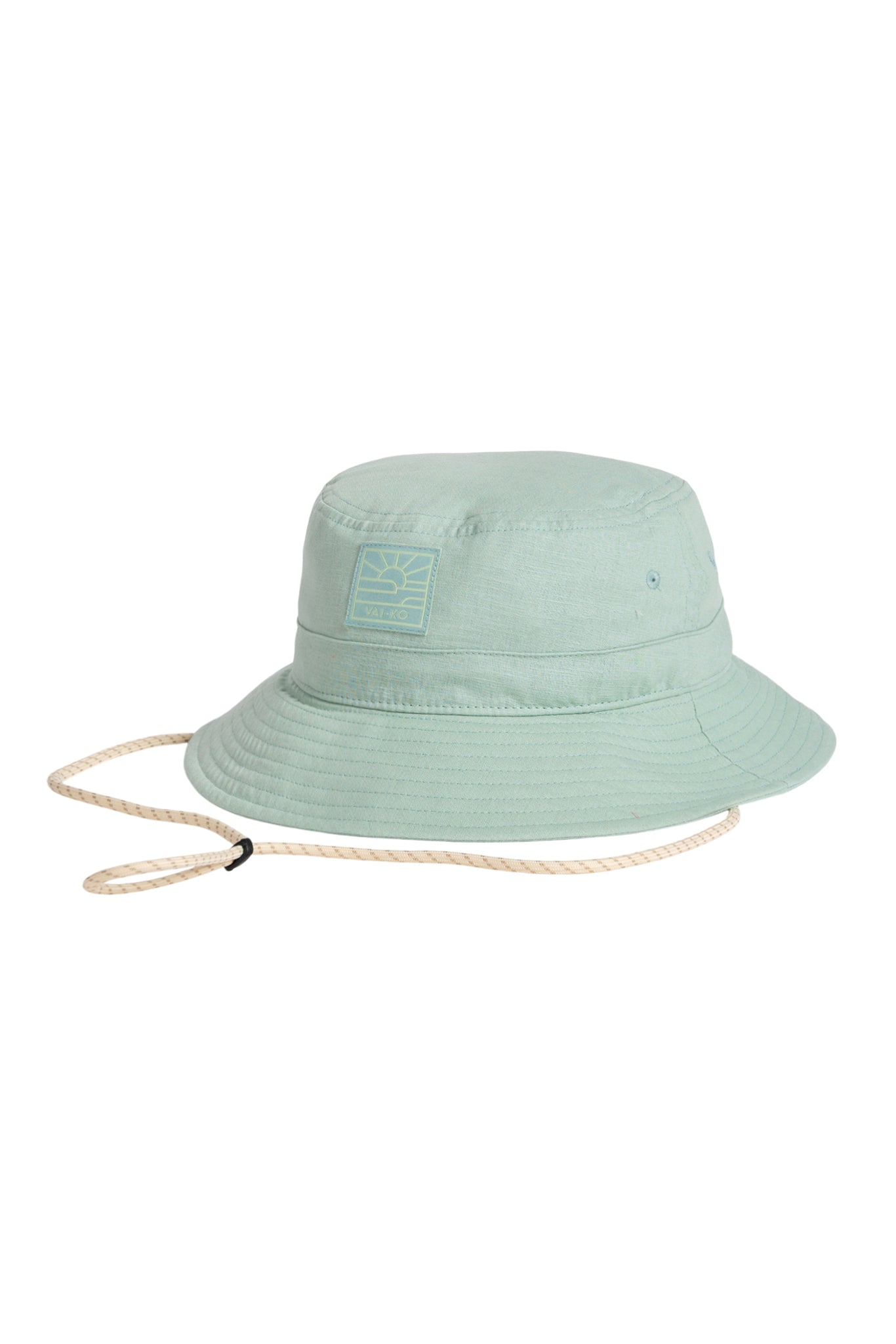 Light green bucket hat with chin strap and a small square logo on the front.