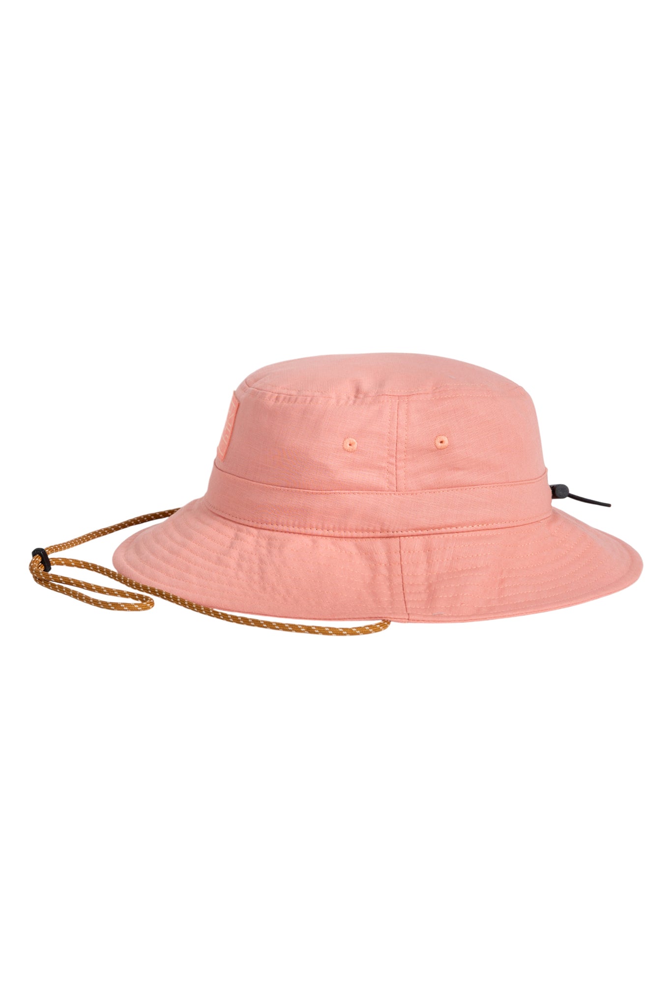 Light pink bucket hat with a wide brim and an adjustable chin strap, shown on a white background.