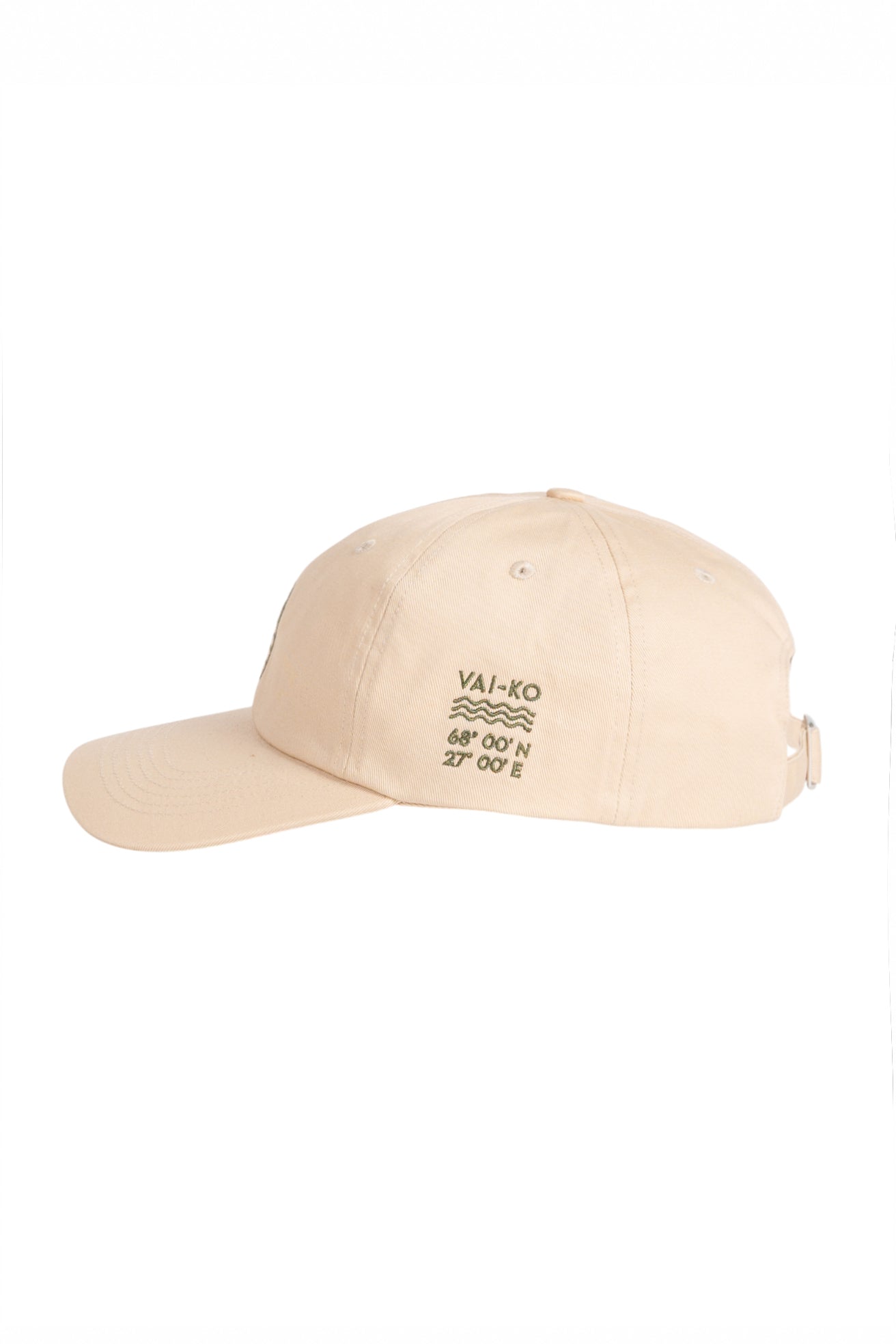 Beige baseball cap with VAI-KO and coordinates printed in black on the side.