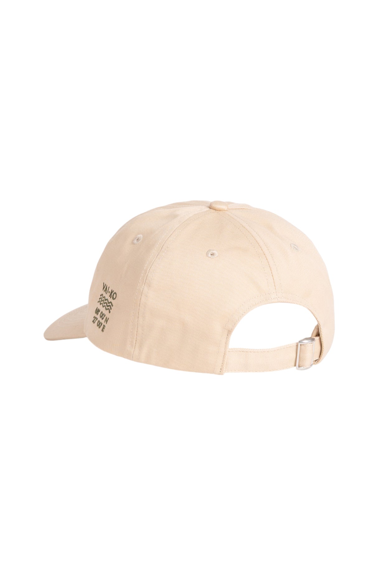 Beige baseball cap with a metal buckle strap at the back and small black text on the side.