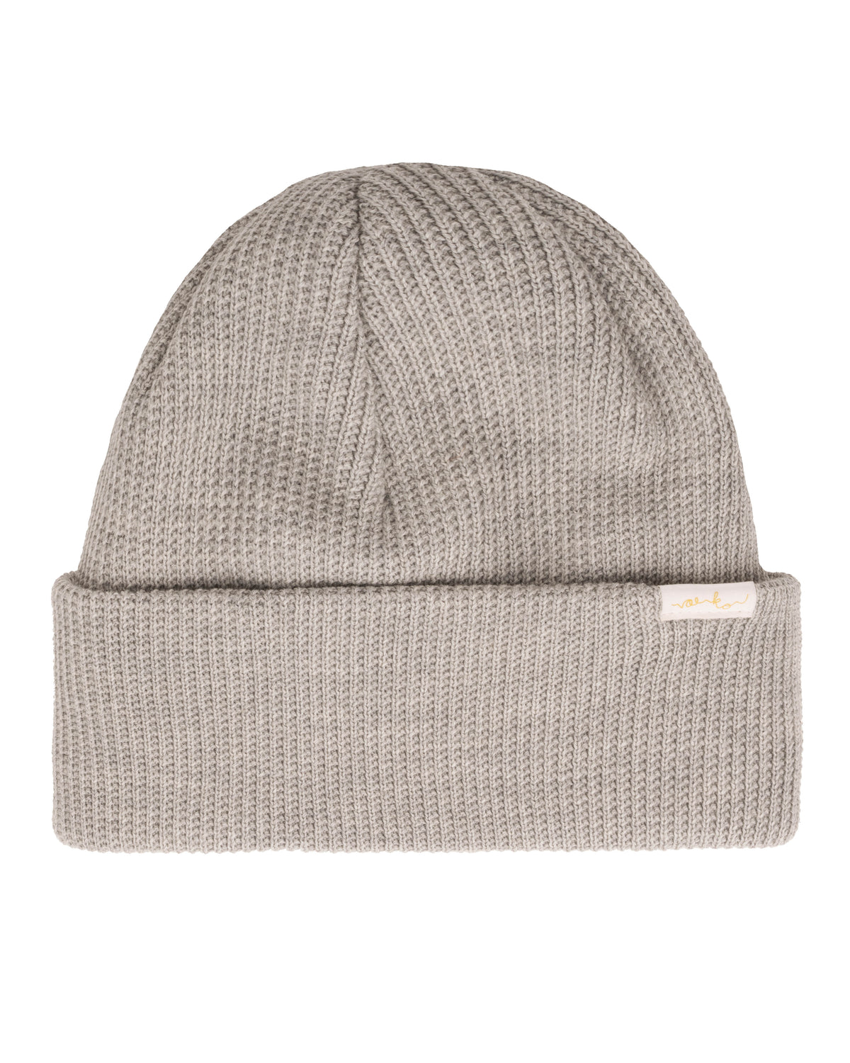 Light gray knit beanie with a folded brim and a small rectangular fabric label on the front.