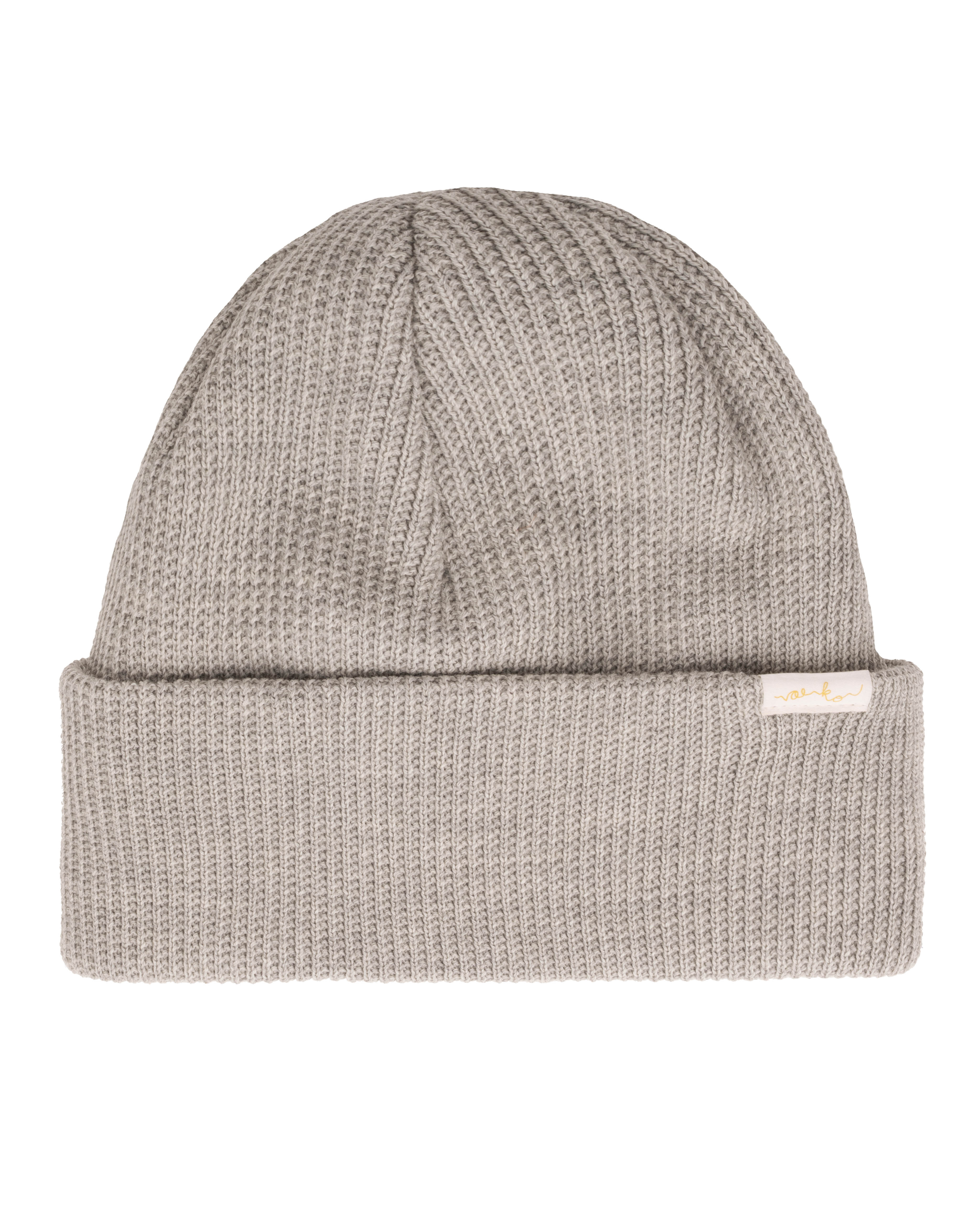 Light gray knit beanie with a folded brim and a small rectangular fabric label on the front.