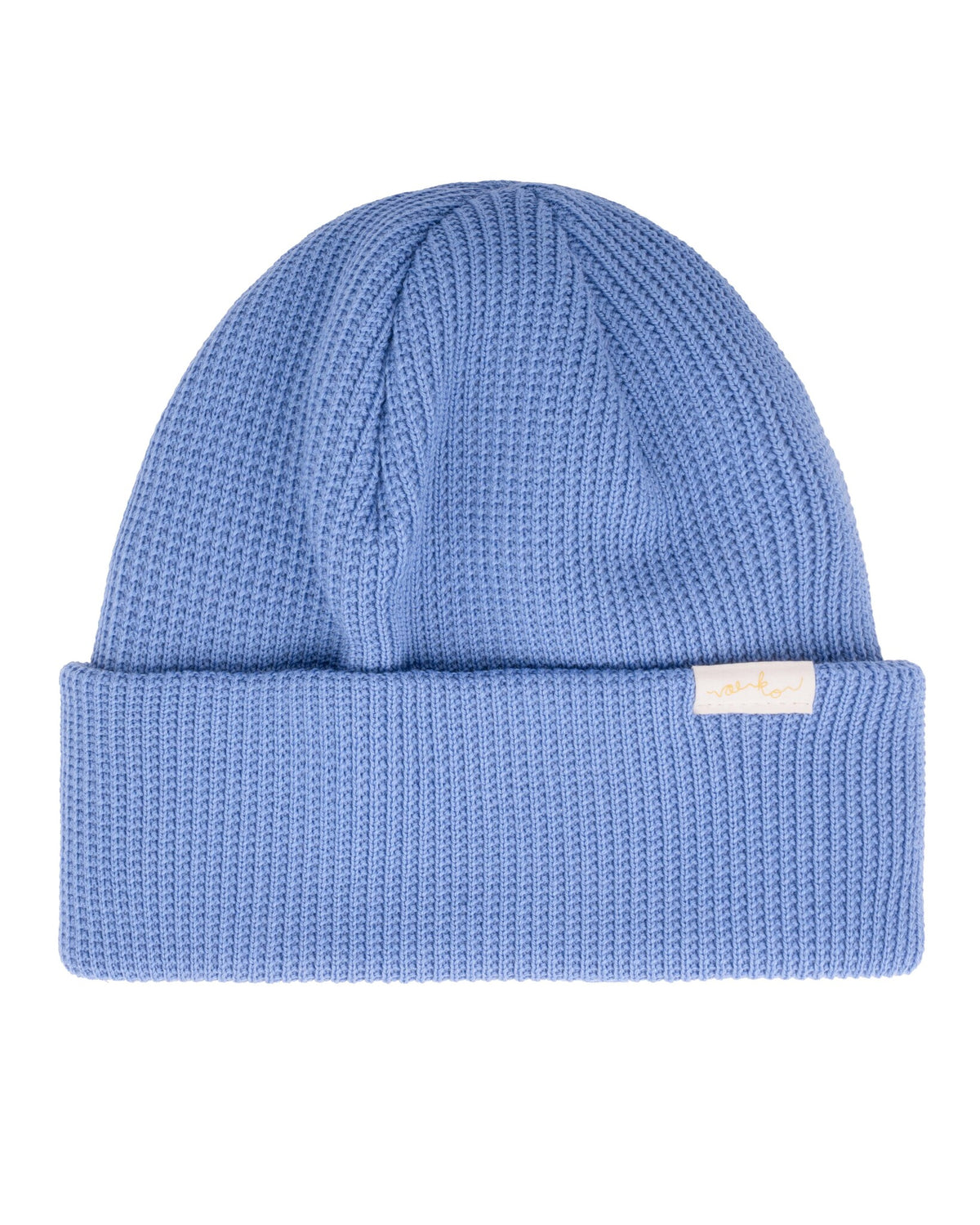 Light blue knit beanie with a folded brim and a small white tag on the brims edge.