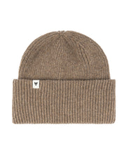 Brown knit beanie with a folded brim and a small white patch featuring a black logo on the front.