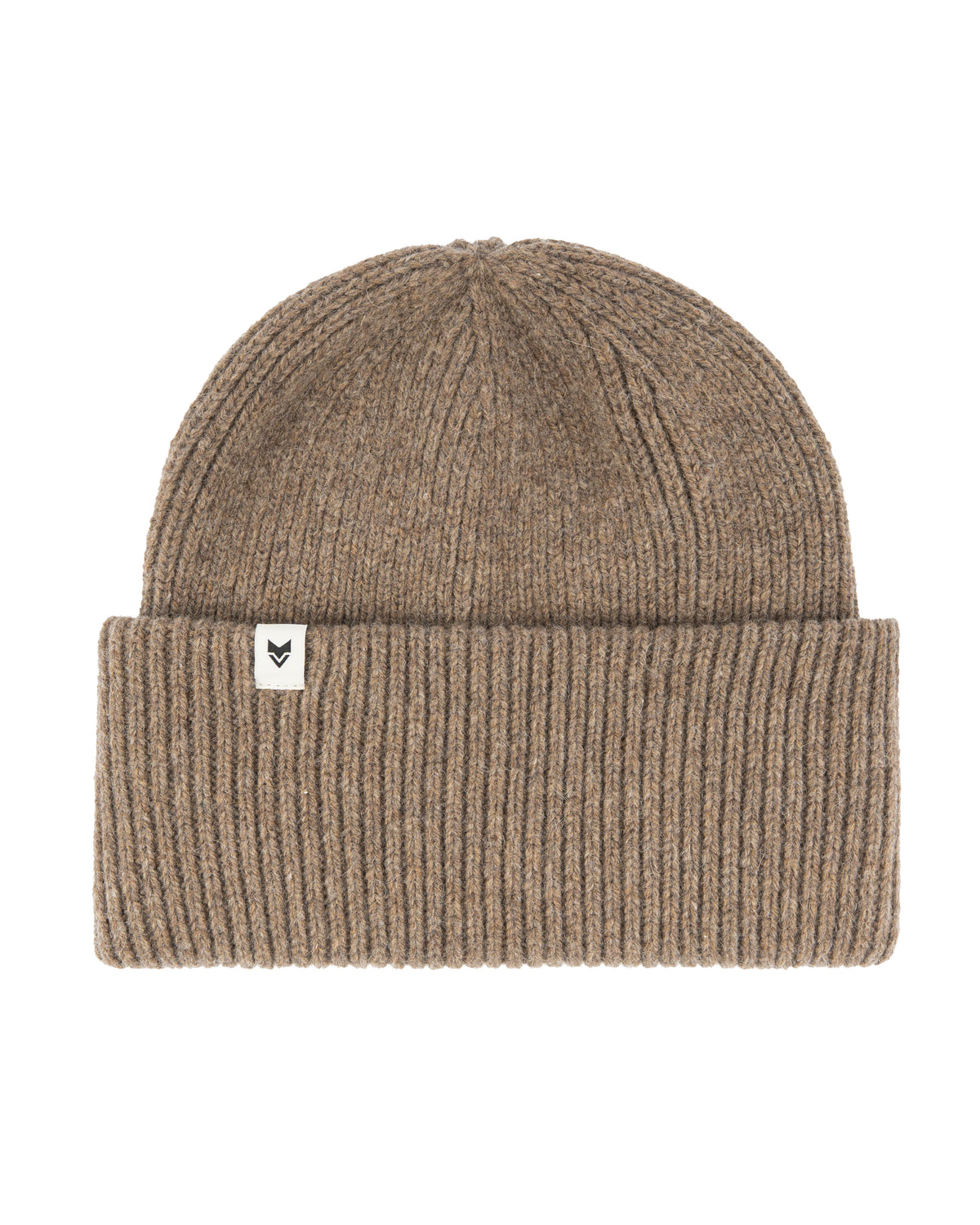 Brown knit beanie with a folded brim and a small white patch featuring a black logo on the front.