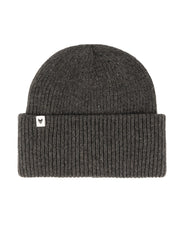 Dark gray ribbed knit beanie with a folded cuff and a small white tag featuring a black logo.