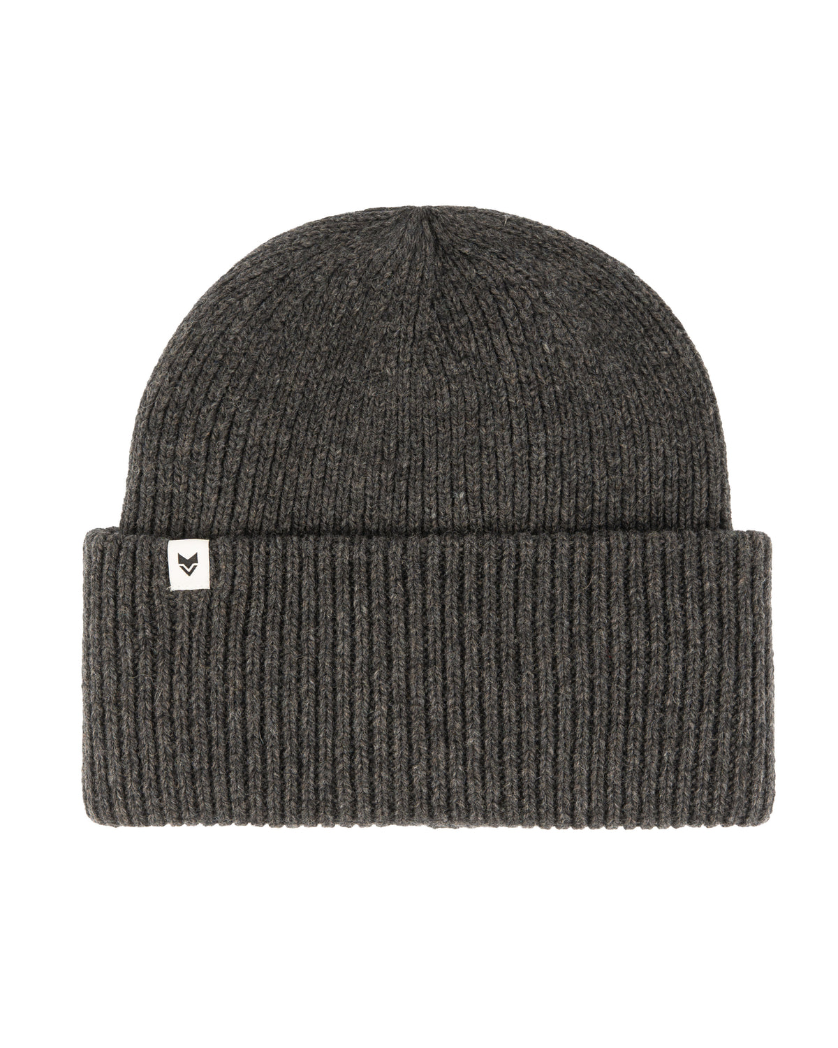 Dark gray ribbed knit beanie with a folded cuff and a small white tag featuring a black logo.