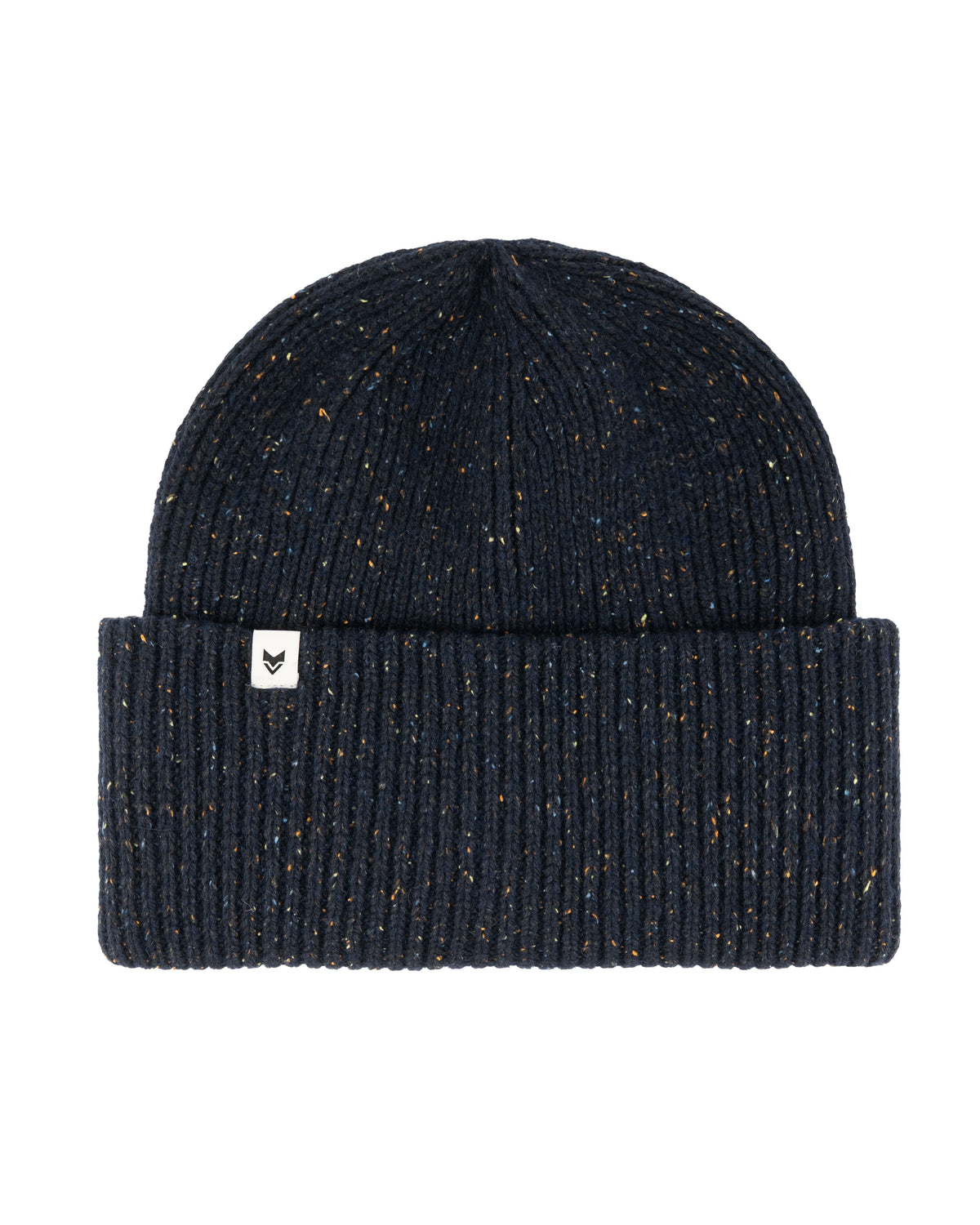 A navy blue ribbed knit beanie with a folded cuff and a small white tag on the front.