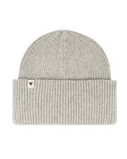 Light gray ribbed knit beanie with a folded brim and small black and white tag on the front.