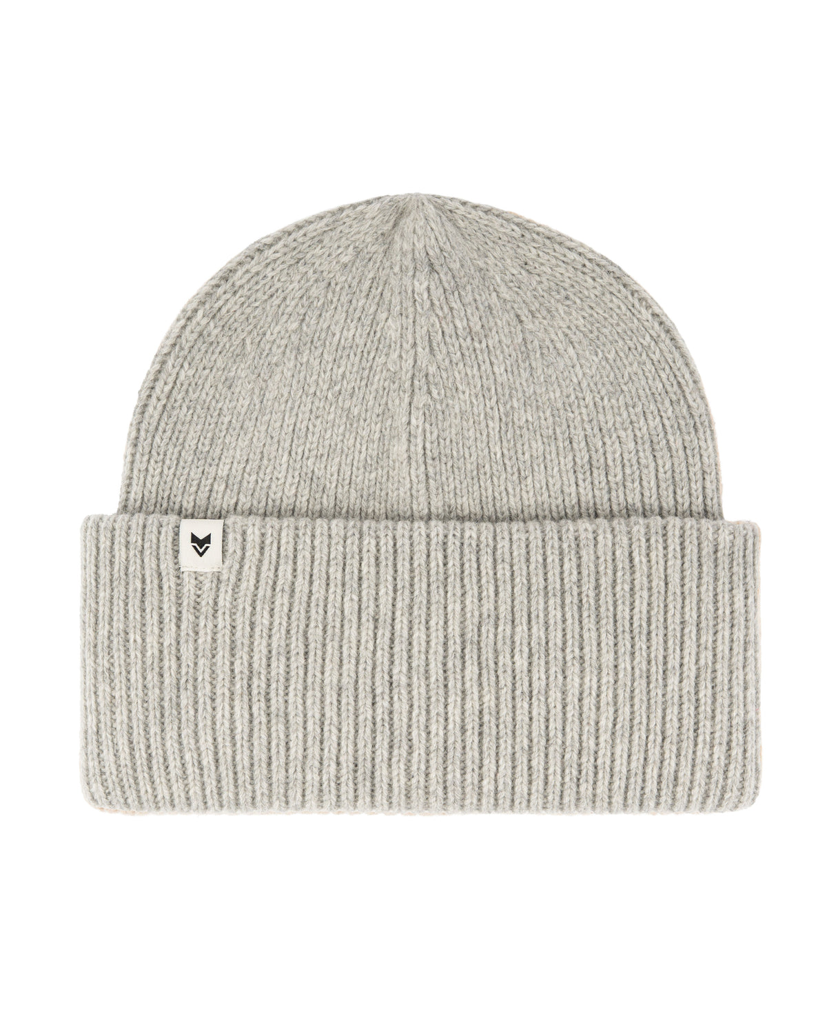 Light gray ribbed knit beanie with a folded brim and small black and white tag on the front.