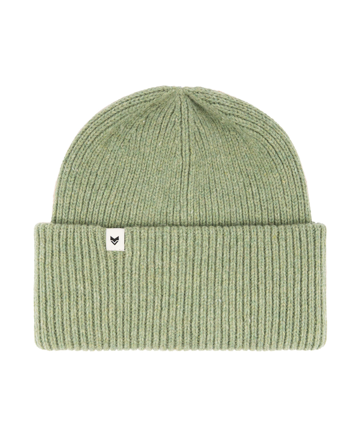 A light green ribbed knit beanie with a folded cuff and a small white tag on the front.