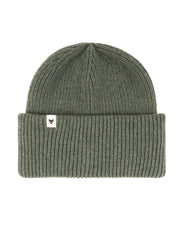 Olive green ribbed knit beanie with a folded cuff and a small white tag featuring a black logo.