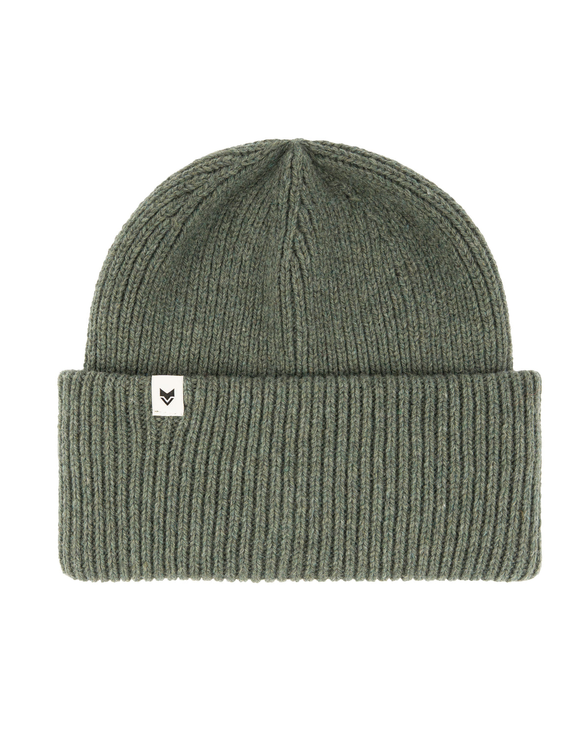 Olive green ribbed knit beanie with a folded cuff and a small white tag featuring a black logo.