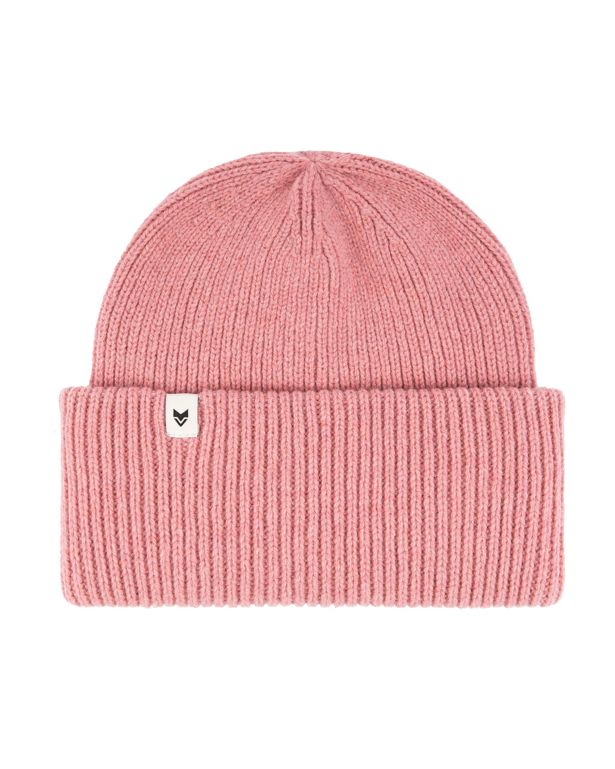 Pink knit beanie with a folded brim and a small white tag featuring a black symbol on the front.